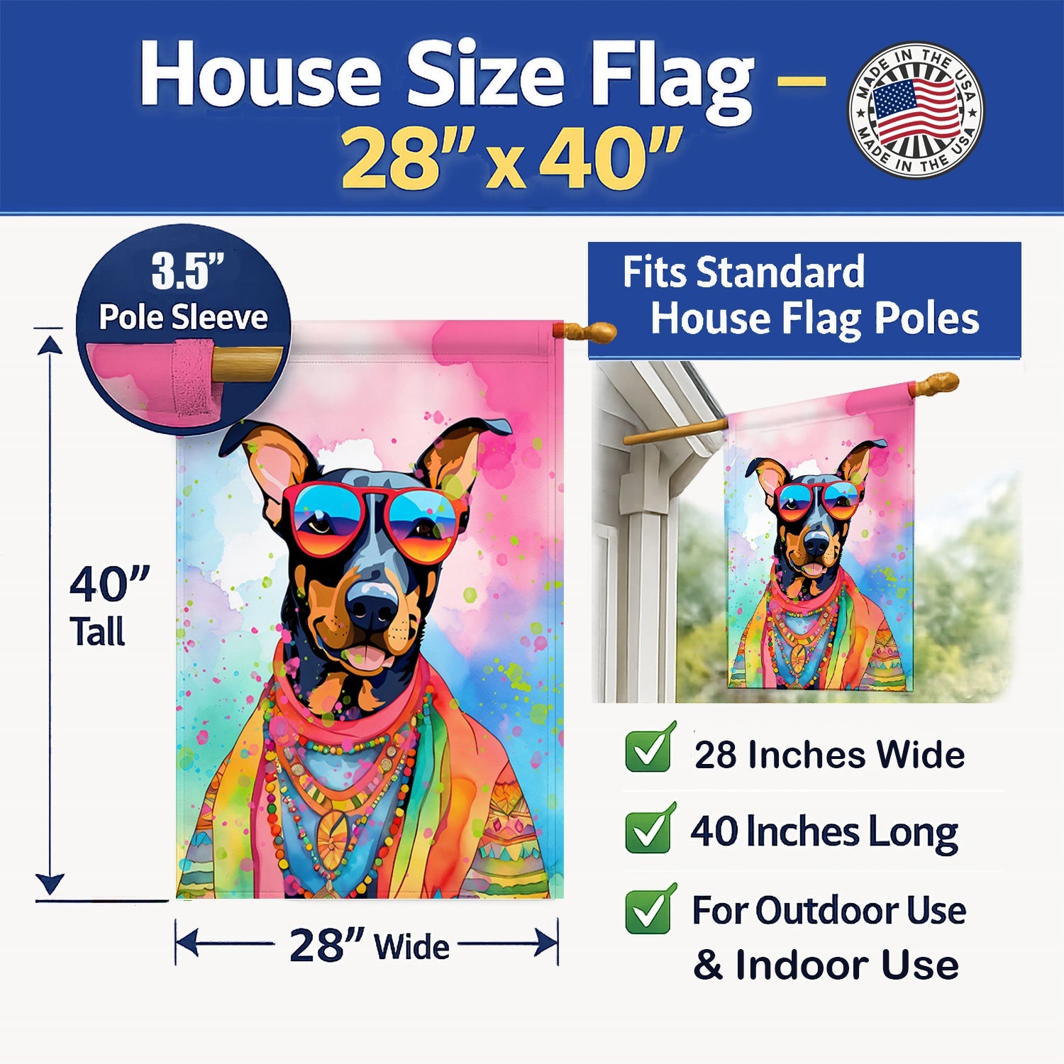 Doberman Pinscher Hippie Dawg House Flag 28x40 Porch Sleeve Pole Decorative Outside Yard Banner Artwork Wall Hanging, Polyester