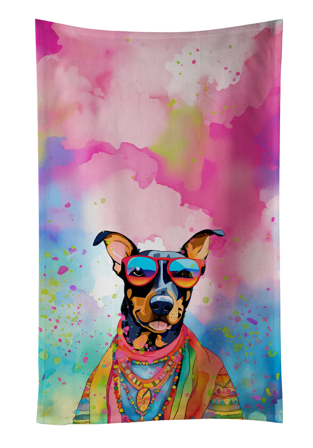 Doberman Pinscher Hippie Dawg Kitchen Towel Velour Plush Front and Cotton Loop Back Machine Washable