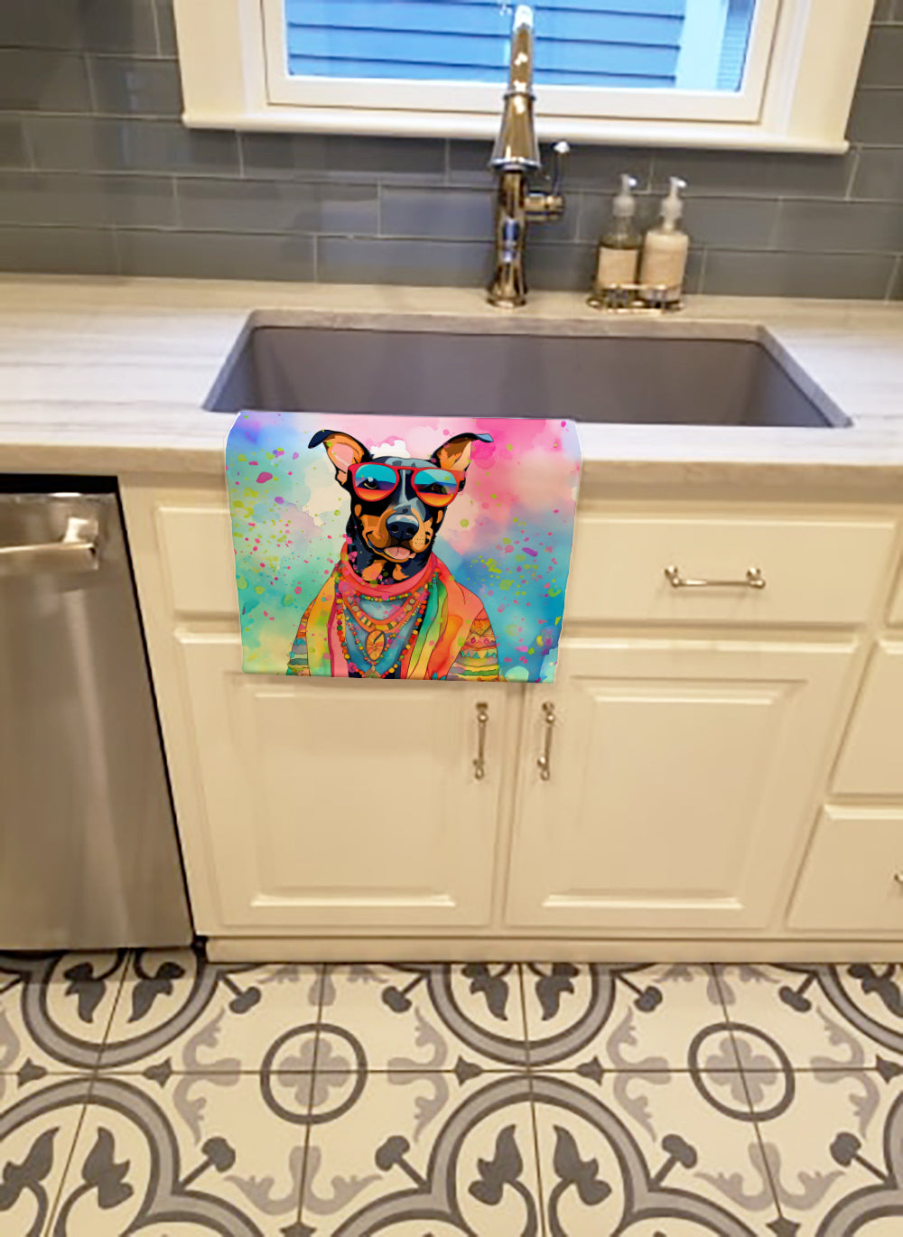 Doberman Pinscher Hippie Dawg Kitchen Towel Velour Plush Front and Cotton Loop Back Machine Washable