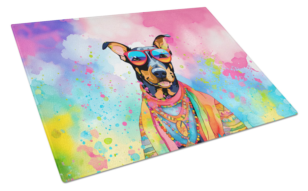 Doberman Pinscher Hippie Dawg Cutting Board Tempered Glass Kitchen Cutting Surface, Heat Resistant Chopping, Non-Slip Feet, Food Prep & Serving