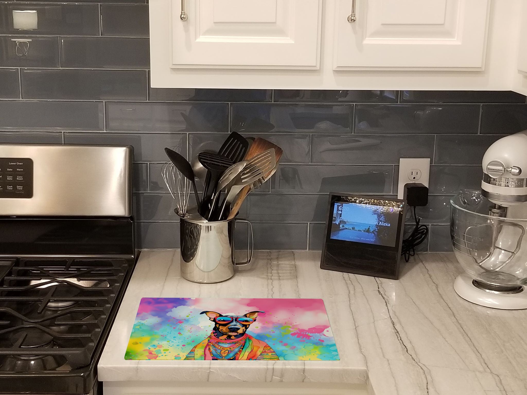 Doberman Pinscher Hippie Dawg Cutting Board Tempered Glass Kitchen Cutting Surface, Heat Resistant Chopping, Non-Slip Feet, Food Prep & Serving