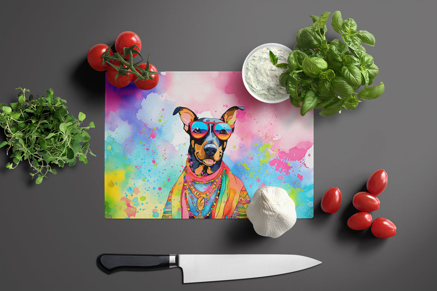 Doberman Pinscher Hippie Dawg Cutting Board Tempered Glass Kitchen Cutting Surface, Heat Resistant Chopping, Non-Slip Feet, Food Prep & Serving