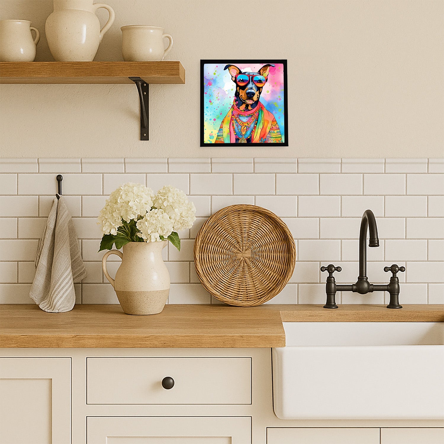 Doberman Pinscher Hippie Dawg Framed Metal Print Bathroom, Kitchen, Office, Home Decor Wall Art Ready to Hang, Square, 8X8
