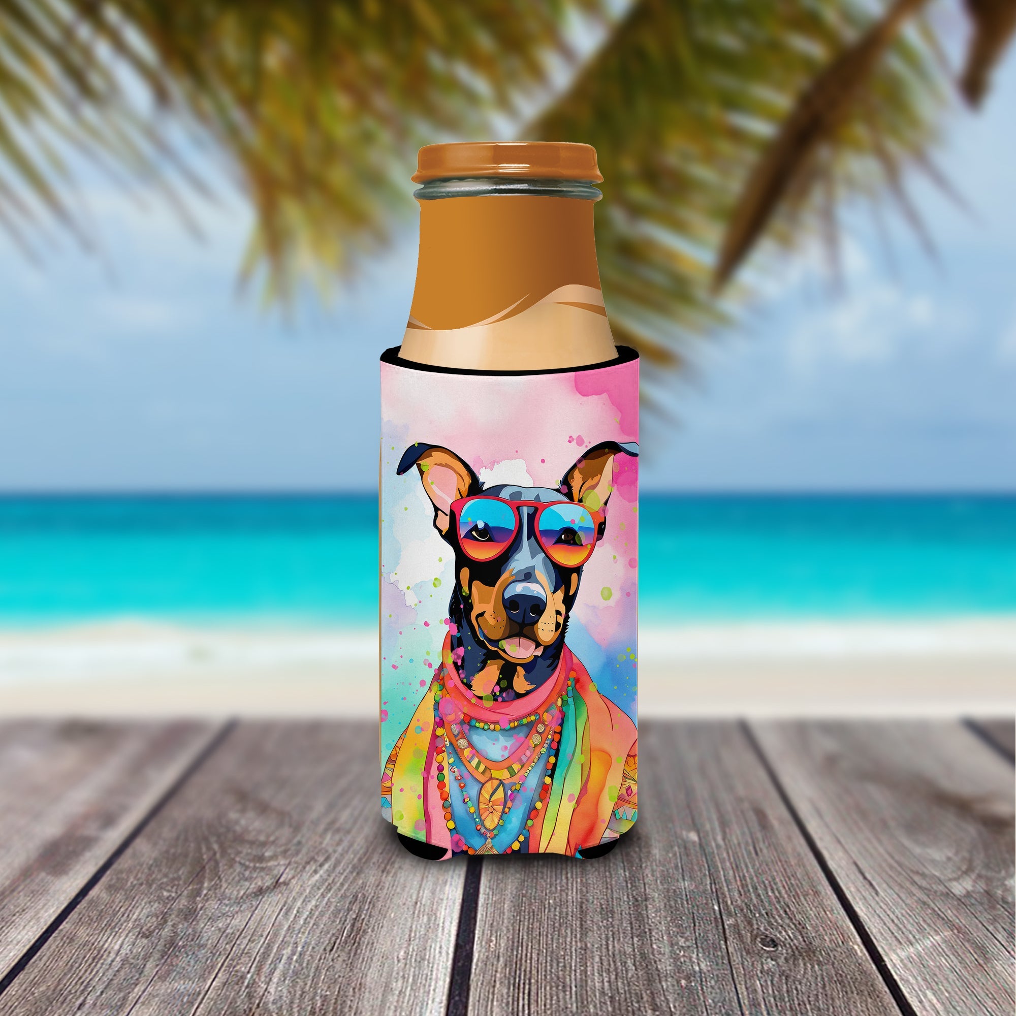 Doberman Pinscher Hippie Dawg Slim Can Hugger , Insulated Foam Hugger for 12 oz Slim Cans, Beer Bottles & Water Bottles, Printed in USA