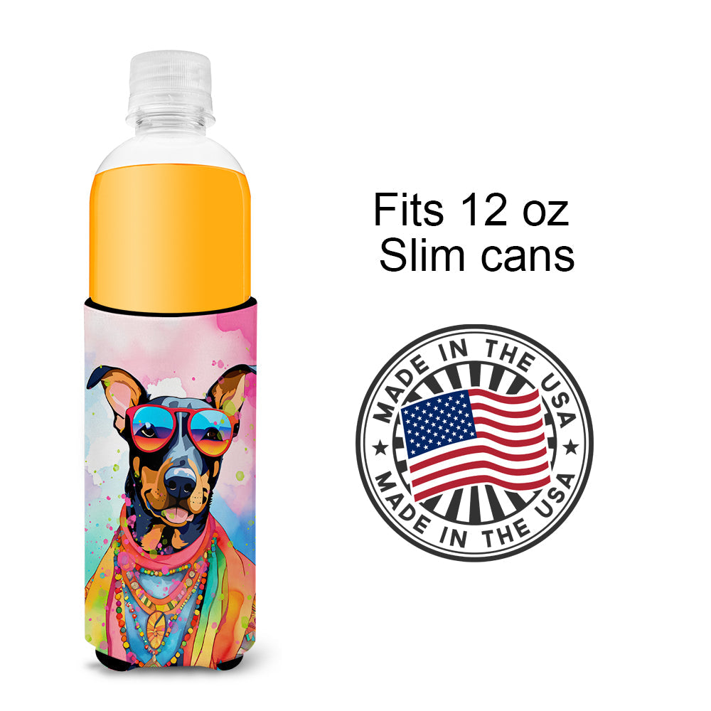 Doberman Pinscher Hippie Dawg Slim Can Hugger , Insulated Foam Hugger for 12 oz Slim Cans, Beer Bottles & Water Bottles, Printed in USA