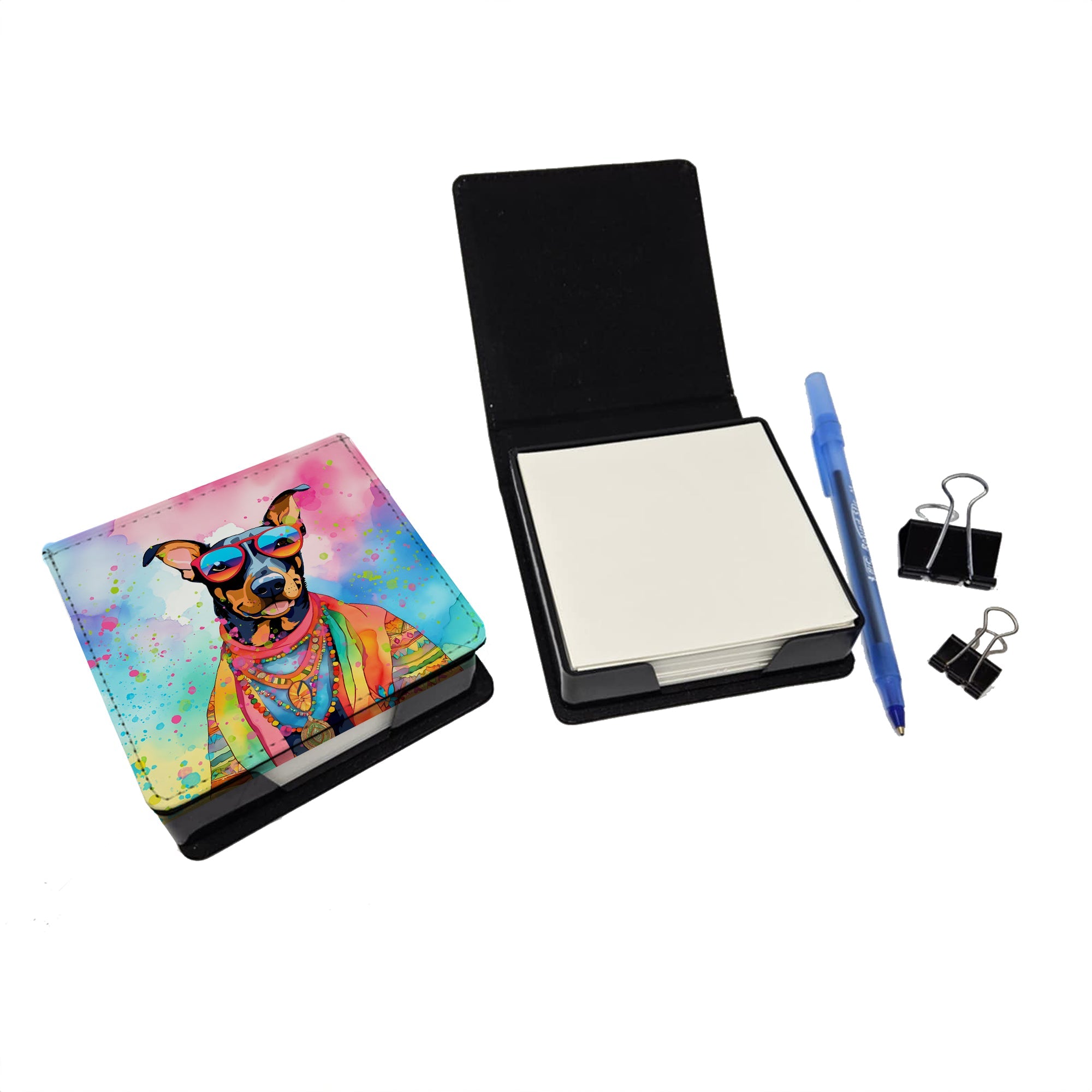 Doberman Pinscher Hippie Dawg PU Leather Note Paper Holder with Artist-Designed Cover, Desk Accessory, Office Gift