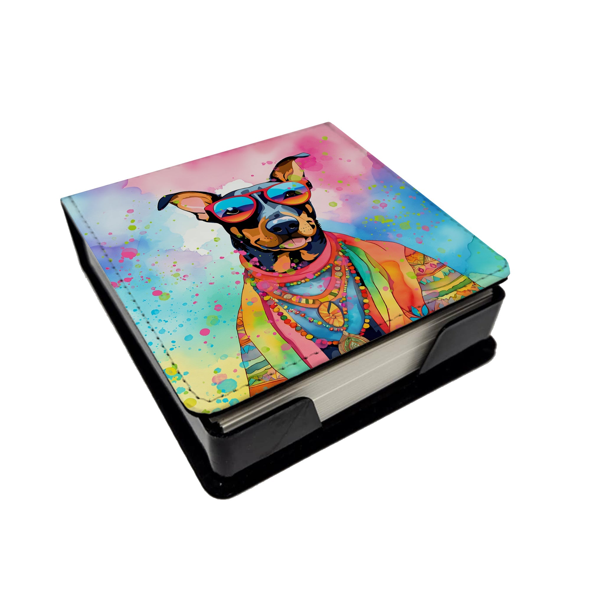 Doberman Pinscher Hippie Dawg PU Leather Note Paper Holder with Artist-Designed Cover, Desk Accessory, Office Gift