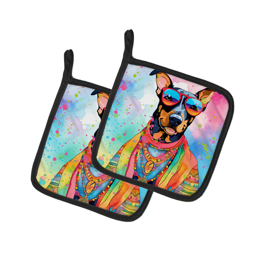 Doberman Pinscher Hippie Dawg Pot Holder Set of 2 Heat Resistant Quilted Hot Pads 7.5 x 7.5 Inch, Insulated Kitchen Trivets for Cooking & Baking