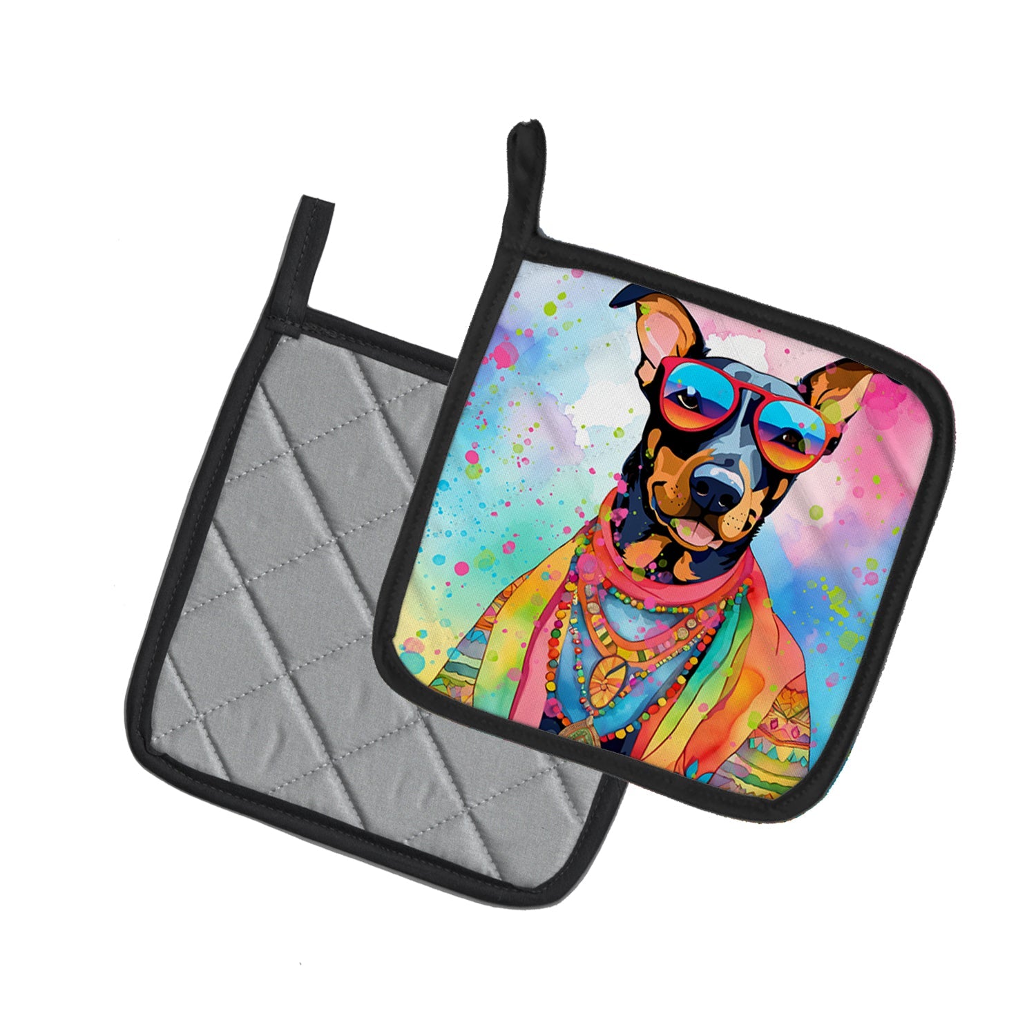 Doberman Pinscher Hippie Dawg Pot Holder Set of 2 Heat Resistant Quilted Hot Pads 7.5 x 7.5 Inch, Insulated Kitchen Trivets for Cooking & Baking