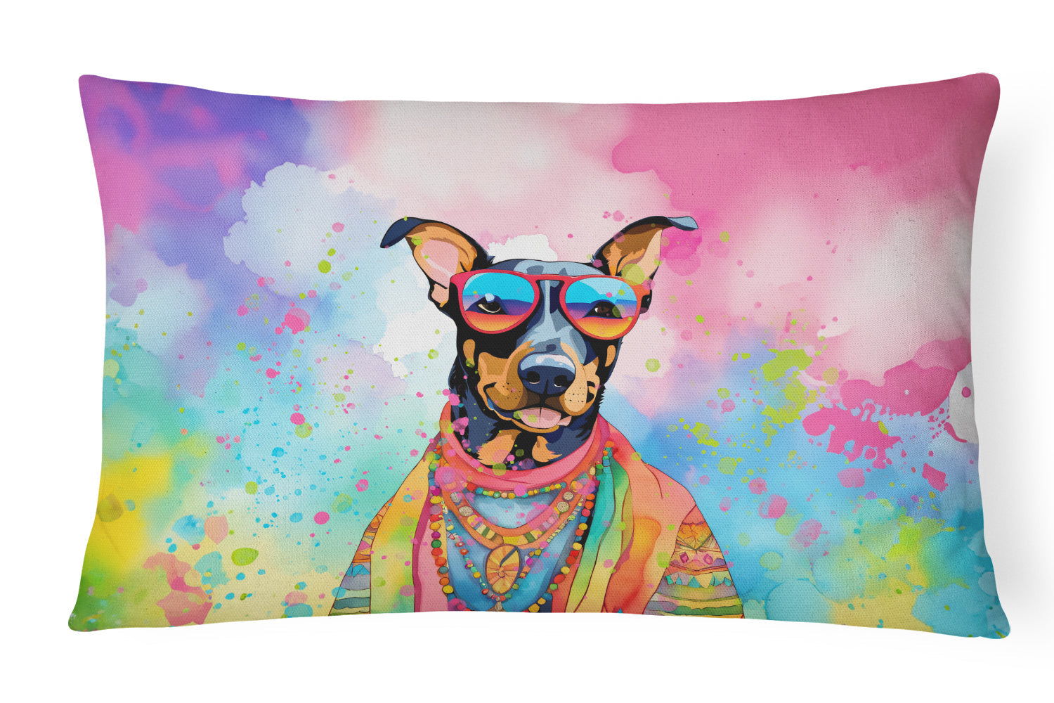 Doberman Pinscher Hippie Dawg Decorative Throw Pillow 12x16 Indoor Outdoor Accent Cushion, Fabric Cover with Insert for Sofa, Bed, Porch & Living Room