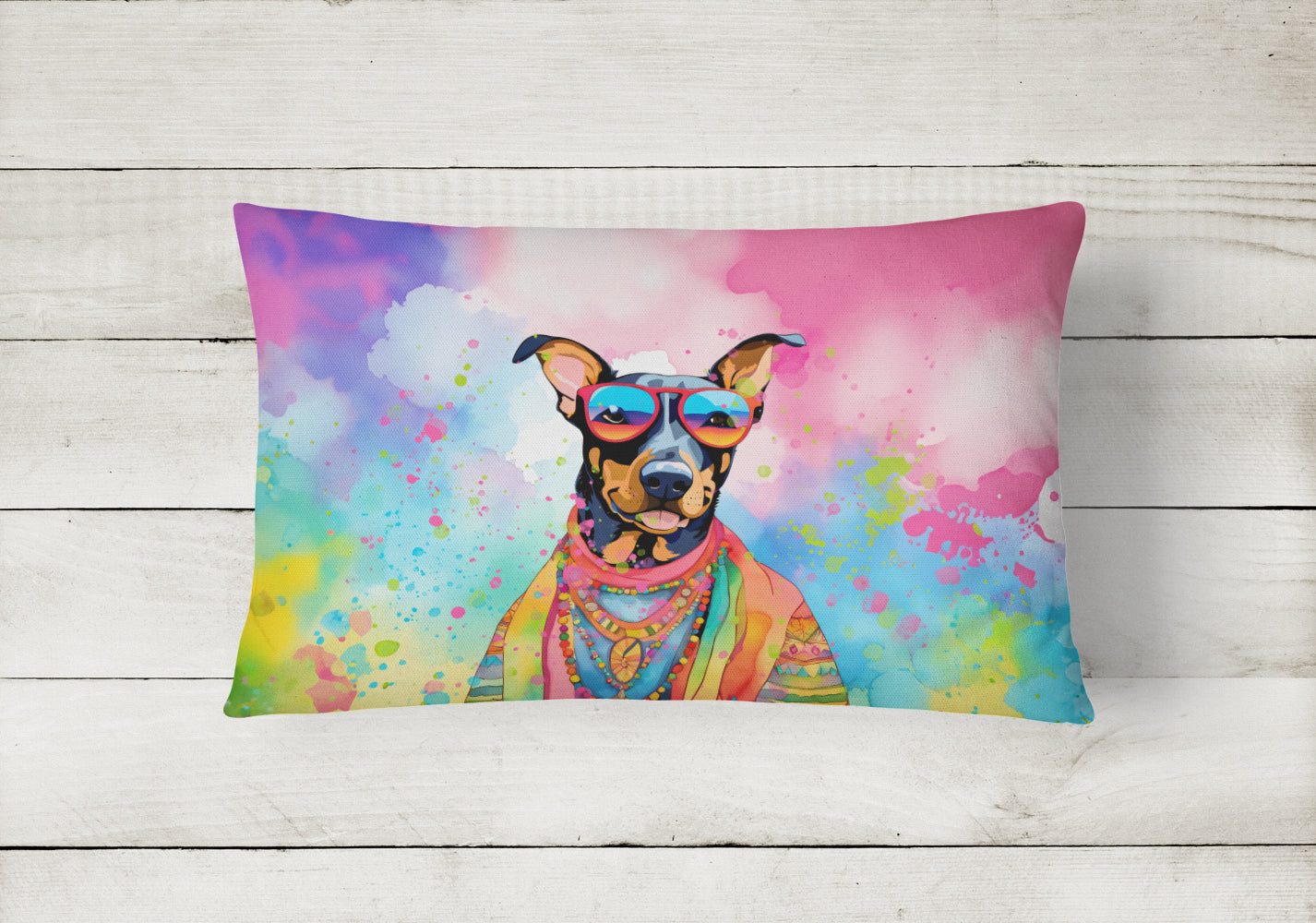 Doberman Pinscher Hippie Dawg Decorative Throw Pillow 12x16 Indoor Outdoor Accent Cushion, Fabric Cover with Insert for Sofa, Bed, Porch & Living Room