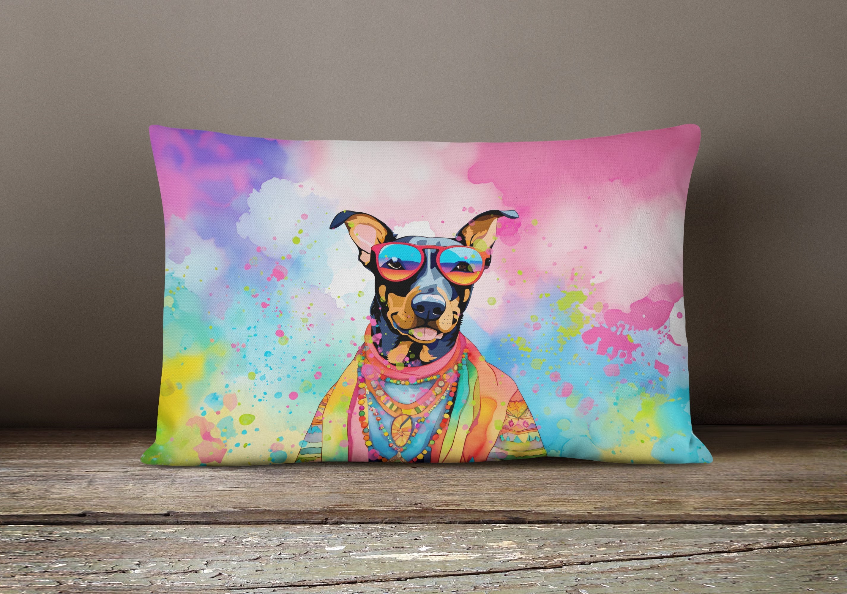 Doberman Pinscher Hippie Dawg Decorative Throw Pillow 12x16 Indoor Outdoor Accent Cushion, Fabric Cover with Insert for Sofa, Bed, Porch & Living Room