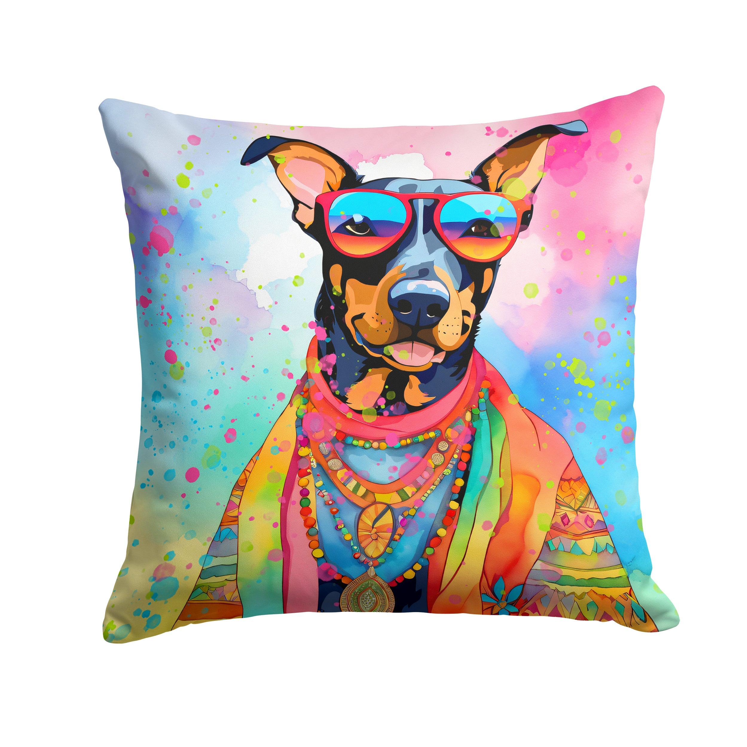 Doberman Pinscher Hippie Dawg Decorative Throw Pillow 14x14 Indoor Outdoor Accent Cushion, Fabric Cover with Insert for Sofa, Bed, Porch & Living Room