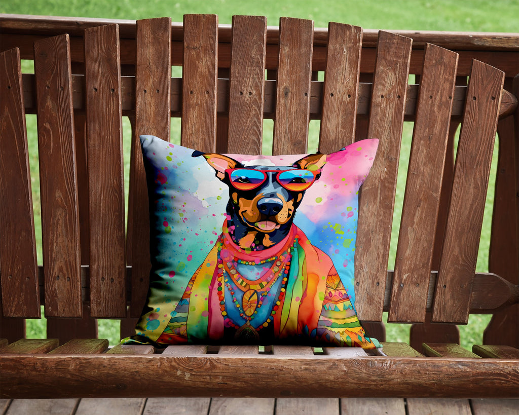 Doberman Pinscher Hippie Dawg Decorative Throw Pillow 14x14 Indoor Outdoor Accent Cushion, Fabric Cover with Insert for Sofa, Bed, Porch & Living Room