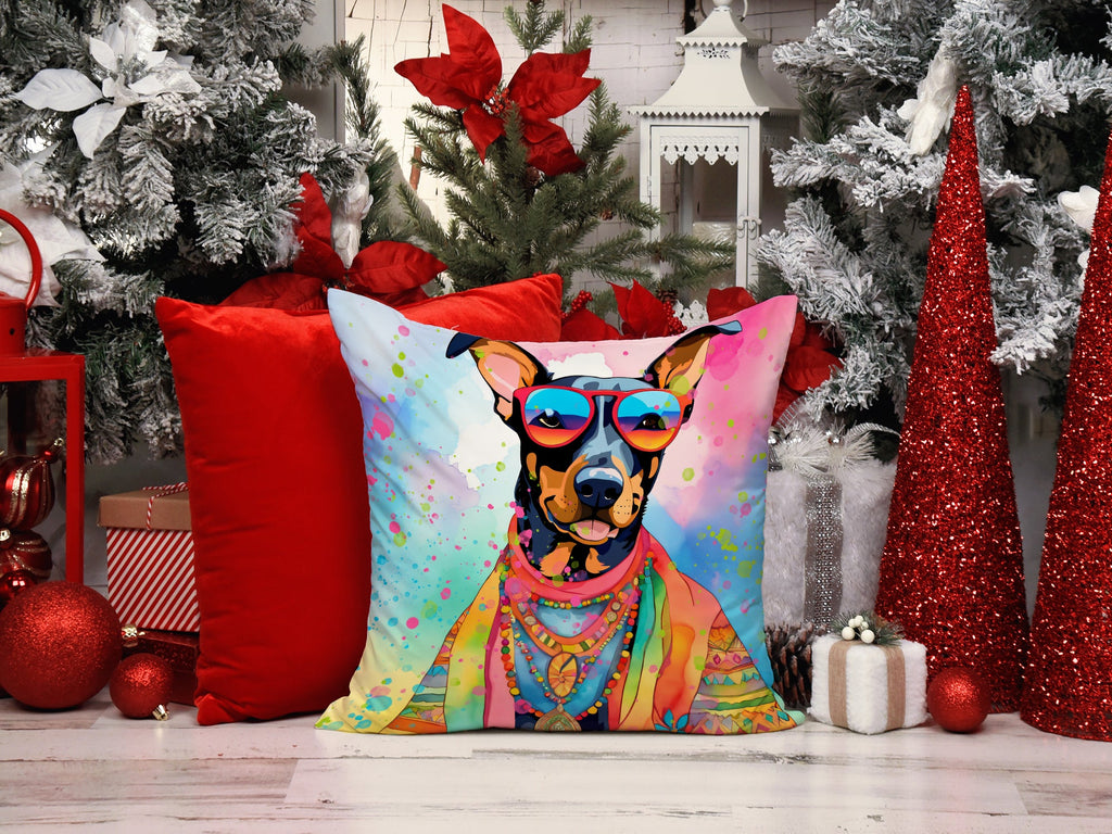 Doberman Pinscher Hippie Dawg Decorative Throw Pillow 18x18 Indoor Outdoor Accent Cushion, Fabric Cover with Insert for Sofa, Bed, Porch & Living Room