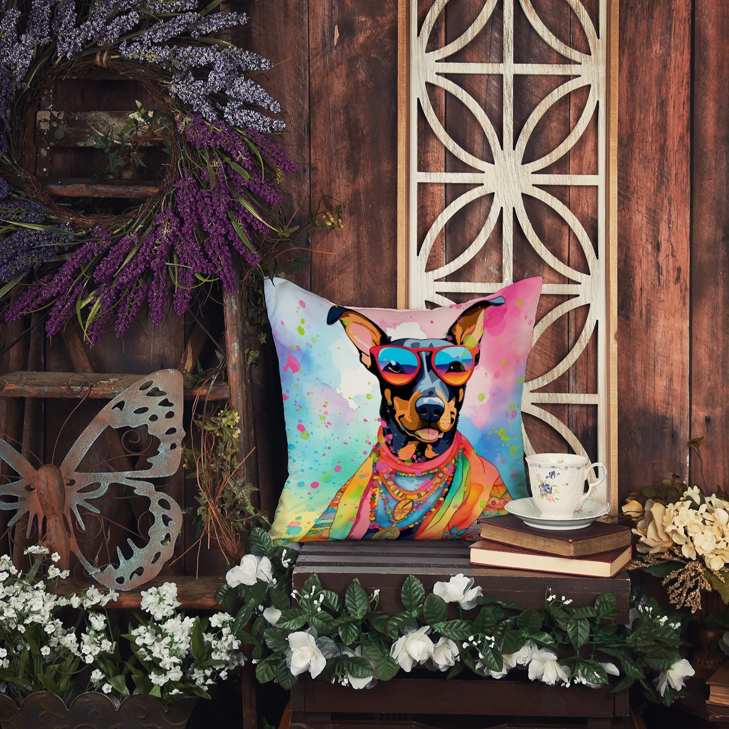 Doberman Pinscher Hippie Dawg Decorative Throw Pillow 18x18 Indoor Outdoor Accent Cushion, Fabric Cover with Insert for Sofa, Bed, Porch & Living Room