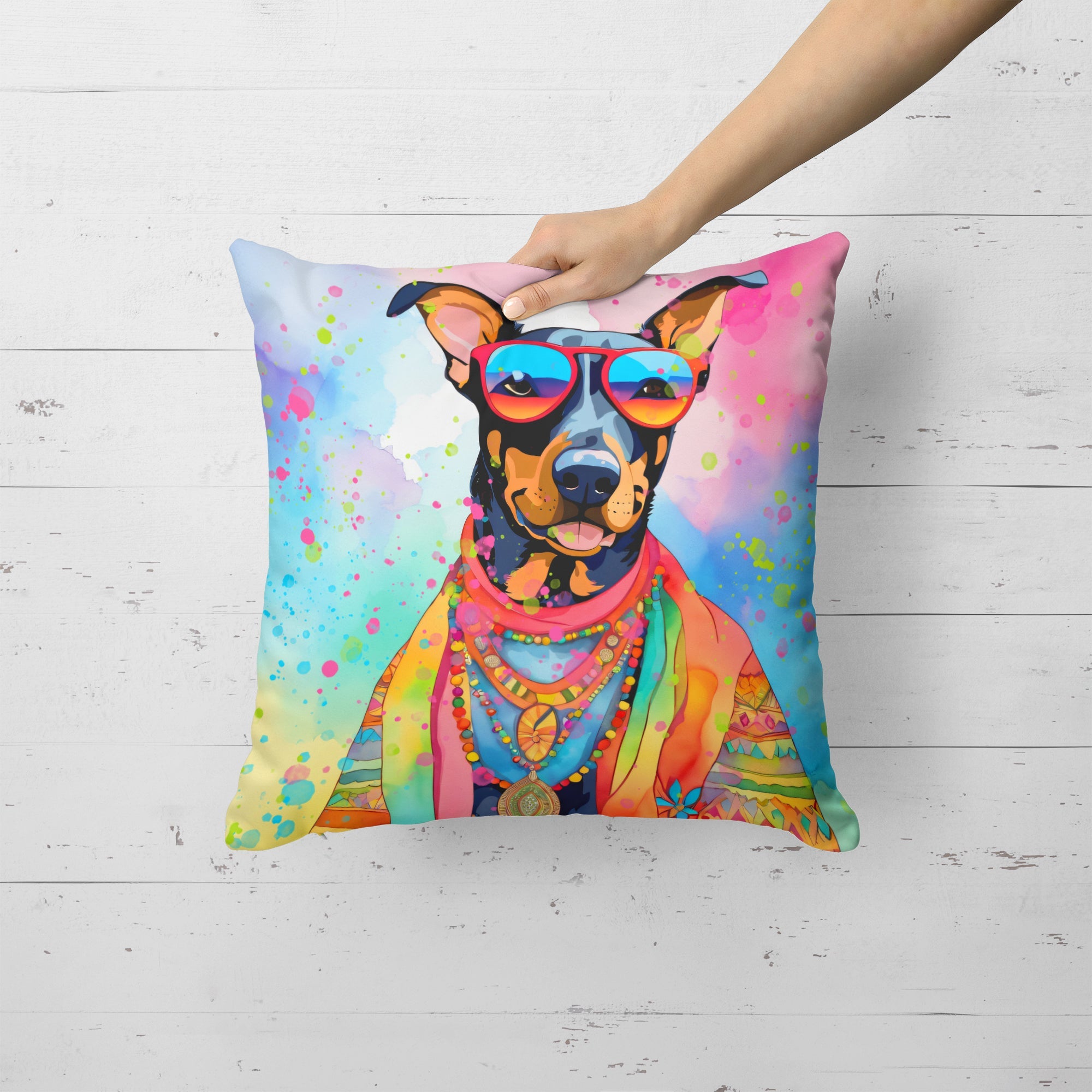 Doberman Pinscher Hippie Dawg Decorative Throw Pillow 18x18 Indoor Outdoor Accent Cushion, Fabric Cover with Insert for Sofa, Bed, Porch & Living Room