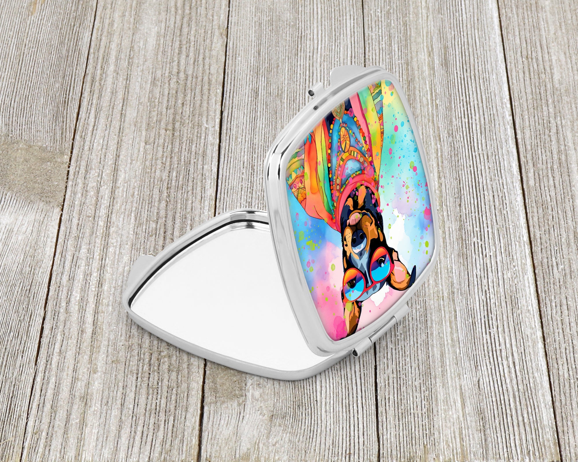 Doberman Pinscher Hippie Dawg Compact Mirror Decorative Travel Makeup Mirror for Women Girls Gifts Pocket Makeup Mirror Folding Handheld