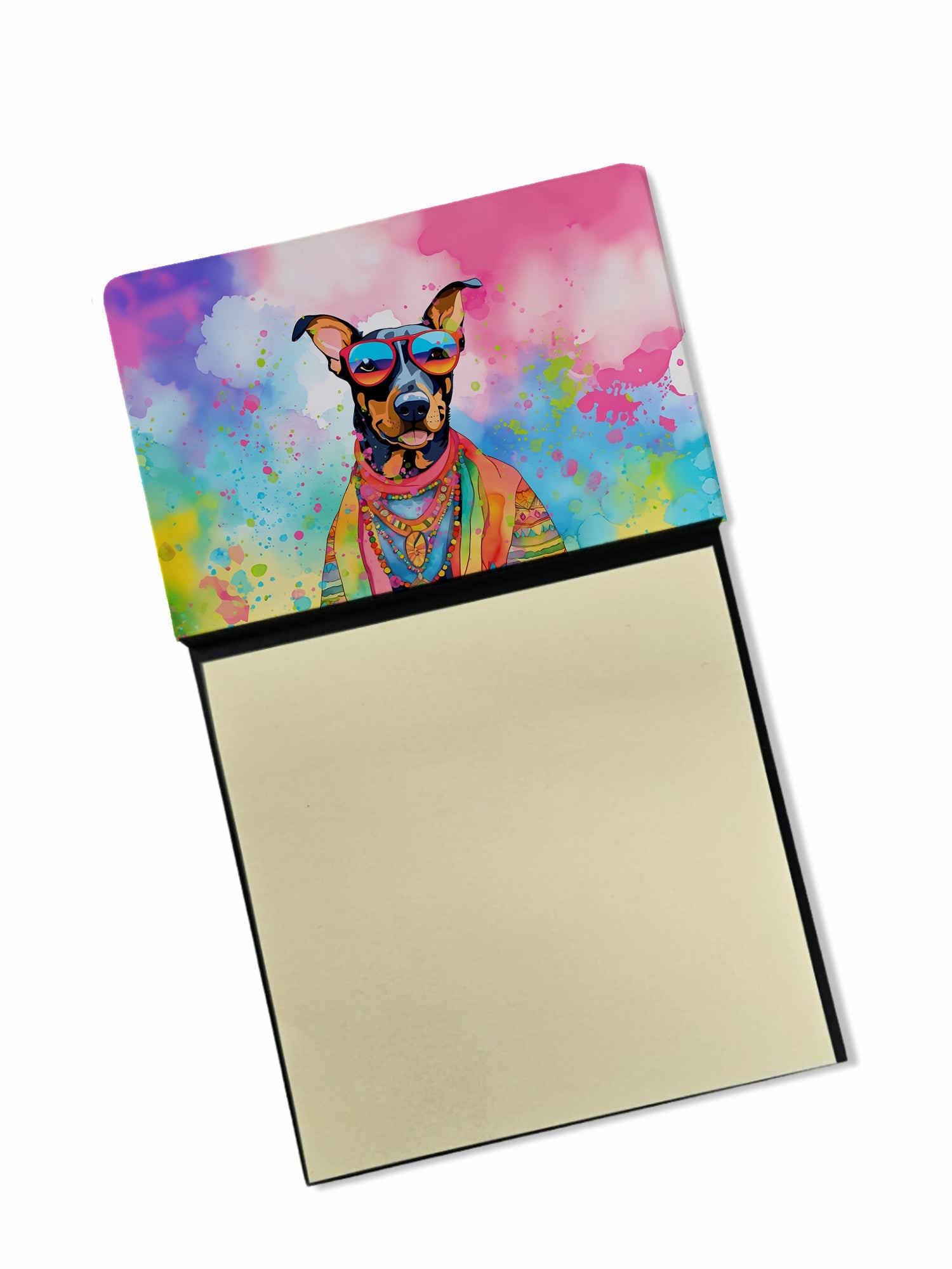 Doberman Pinscher Hippie Dawg Watercolor Sticky Note Holder Refillable Dispenser Desk Accessory 3x3 Pad Gift