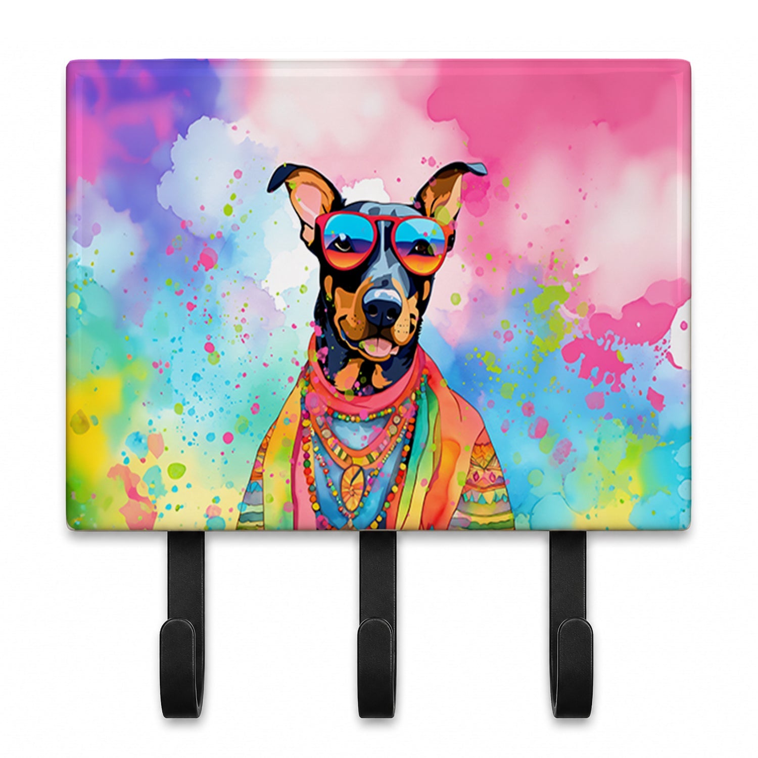 Doberman Pinscher Hippie Dawg Leash or Key Holder Wall Hooks, Coat Rack Wall Mount, for Hanging Keys, Towels, Aprons, Leashes