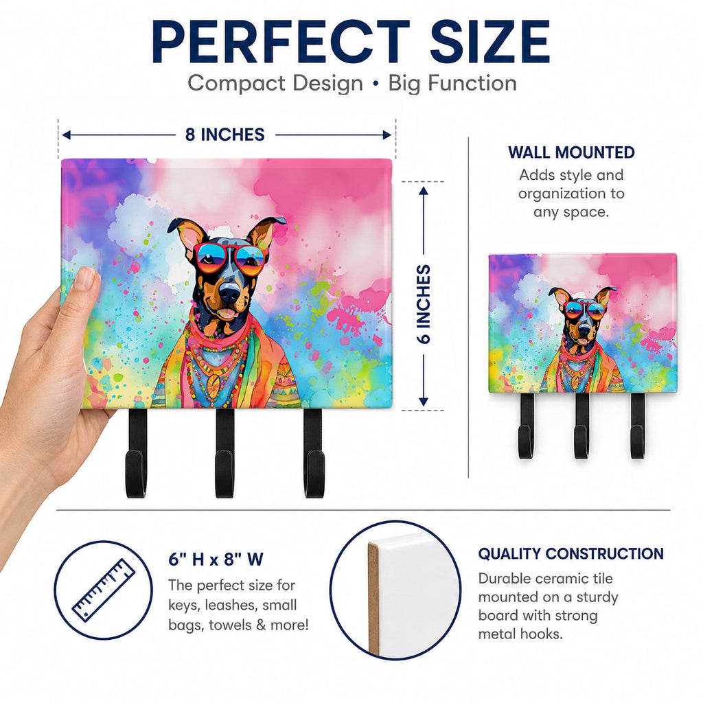 Doberman Pinscher Hippie Dawg Leash or Key Holder Wall Hooks, Coat Rack Wall Mount, for Hanging Keys, Towels, Aprons, Leashes