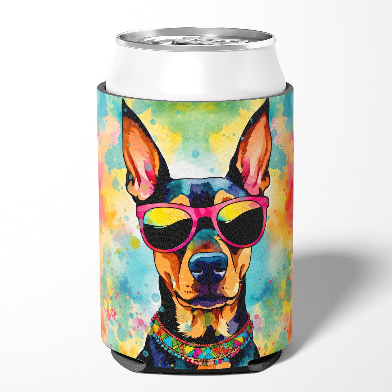 Doberman Pinscher Hippie Dawg Can or Bottle Hugger Cooler Sleeve for Standard 12 oz Cans, Insulated Foam Beer & Soda Can Hugger Reusable