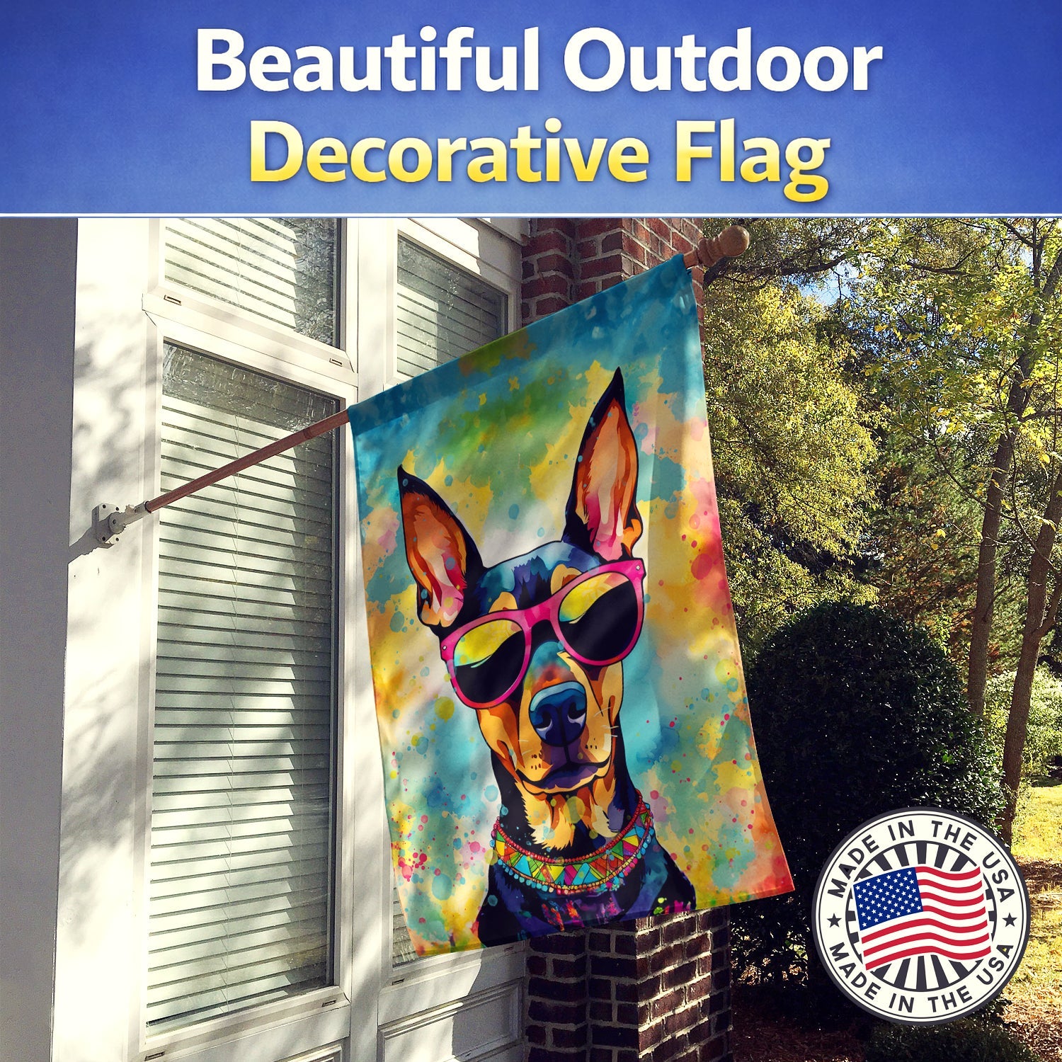 Doberman Pinscher Hippie Dawg House Flag 28x40 Porch Sleeve Pole Decorative Outside Yard Banner Artwork Wall Hanging, Polyester