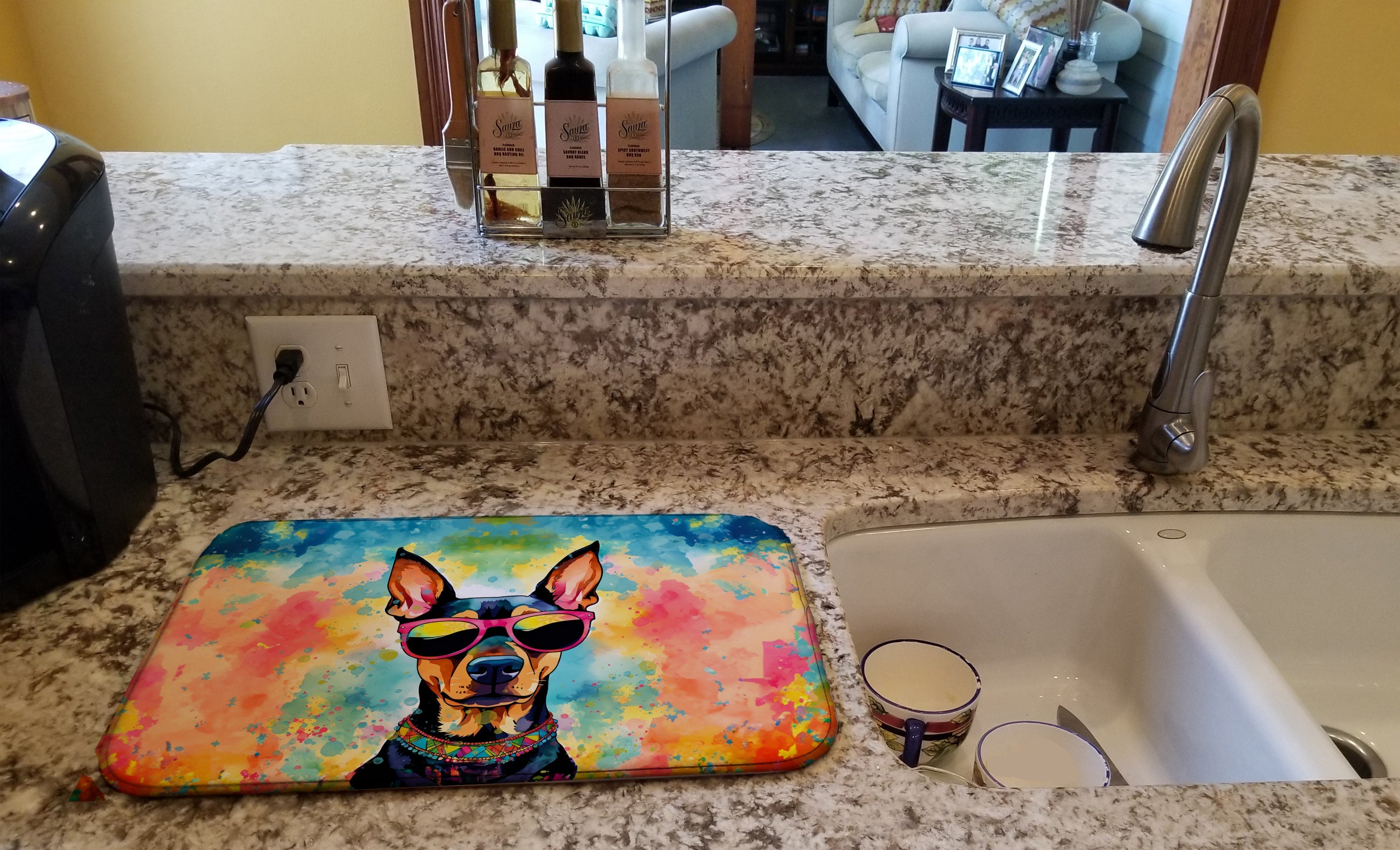 Doberman Pinscher Hippie Dawg Dish Drying Mat Absorbent Dish Drying Mat Pad for Kitchen Counter Dish Drainer Mat for Countertop, 14 x 21", Multicolor