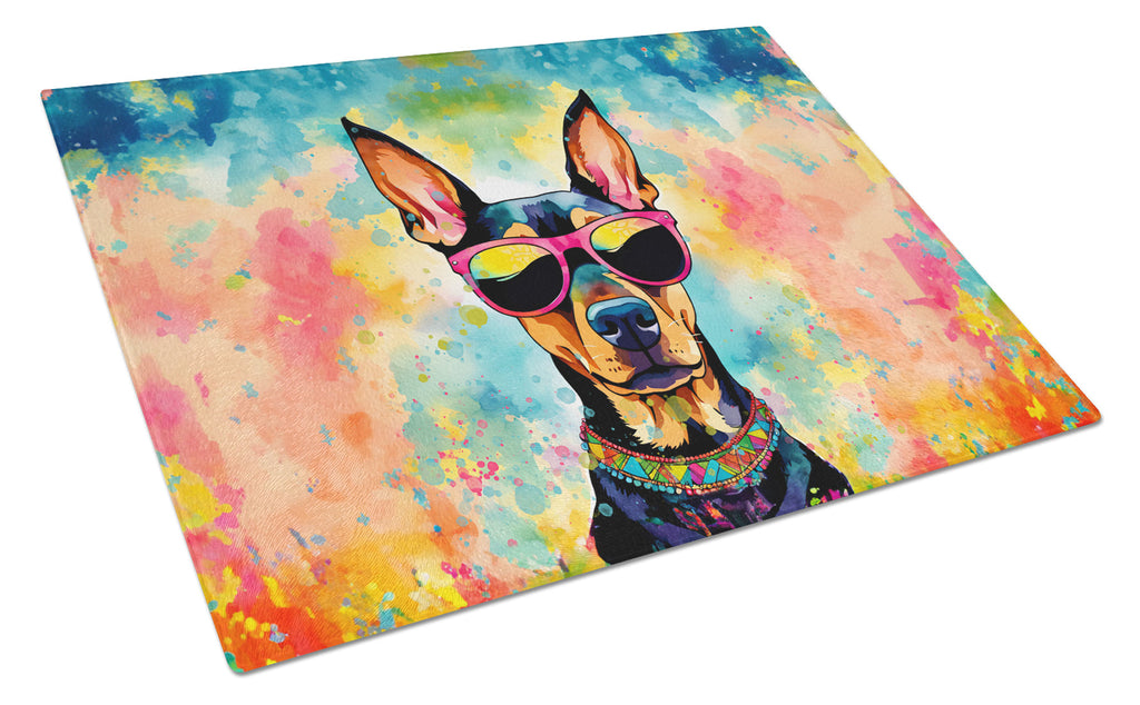 Doberman Pinscher Hippie Dawg Cutting Board Tempered Glass Kitchen Cutting Surface, Heat Resistant Chopping, Non-Slip Feet, Food Prep & Serving