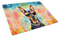 Doberman Pinscher Hippie Dawg Cutting Board Tempered Glass Kitchen Cutting Surface, Heat Resistant Chopping, Non-Slip Feet, Food Prep & Serving