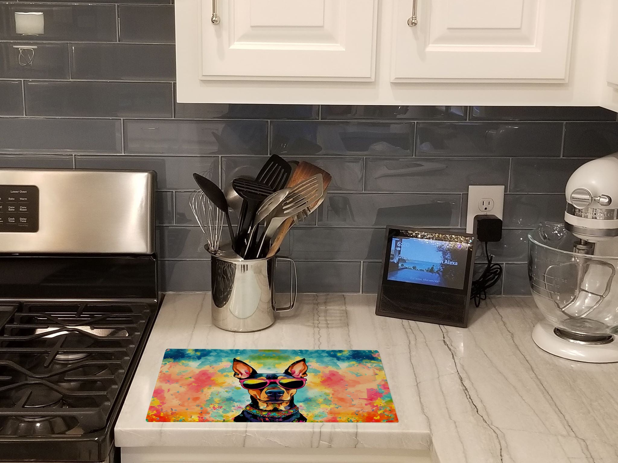 Doberman Pinscher Hippie Dawg Cutting Board Tempered Glass Kitchen Cutting Surface, Heat Resistant Chopping, Non-Slip Feet, Food Prep & Serving
