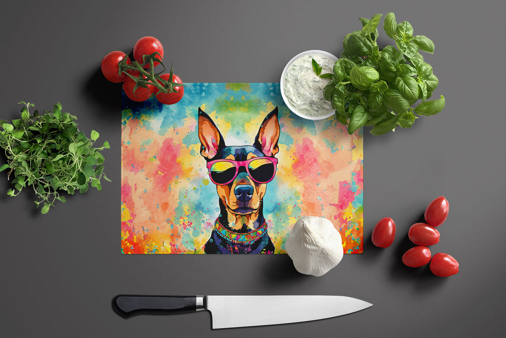 Doberman Pinscher Hippie Dawg Cutting Board Tempered Glass Kitchen Cutting Surface, Heat Resistant Chopping, Non-Slip Feet, Food Prep & Serving