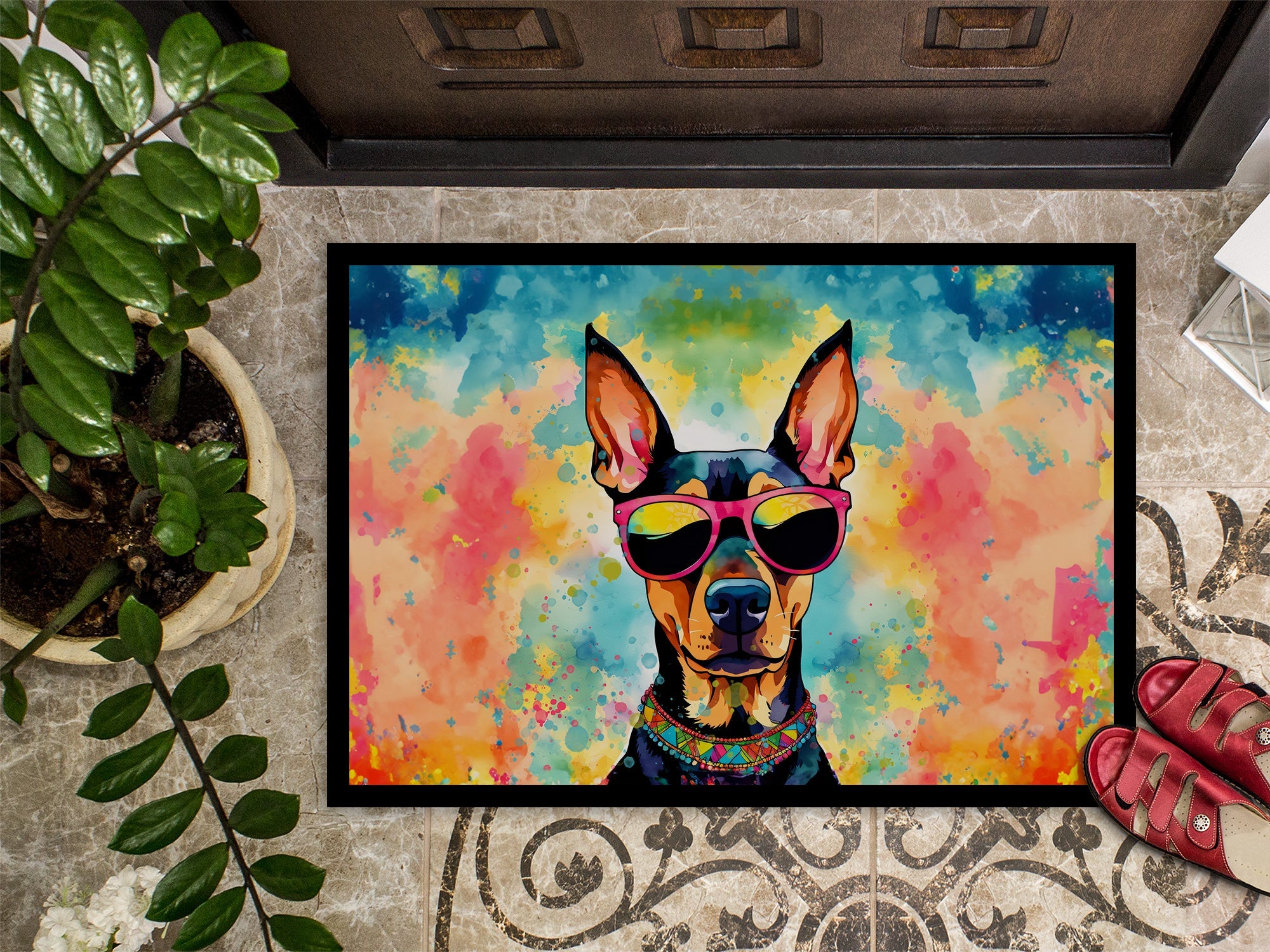Doberman Pinscher Hippie Dawg Doormat Indoor Outdoor 18H X 27W Front Door Mat Rugs for Entryway, Non Slip Washable
