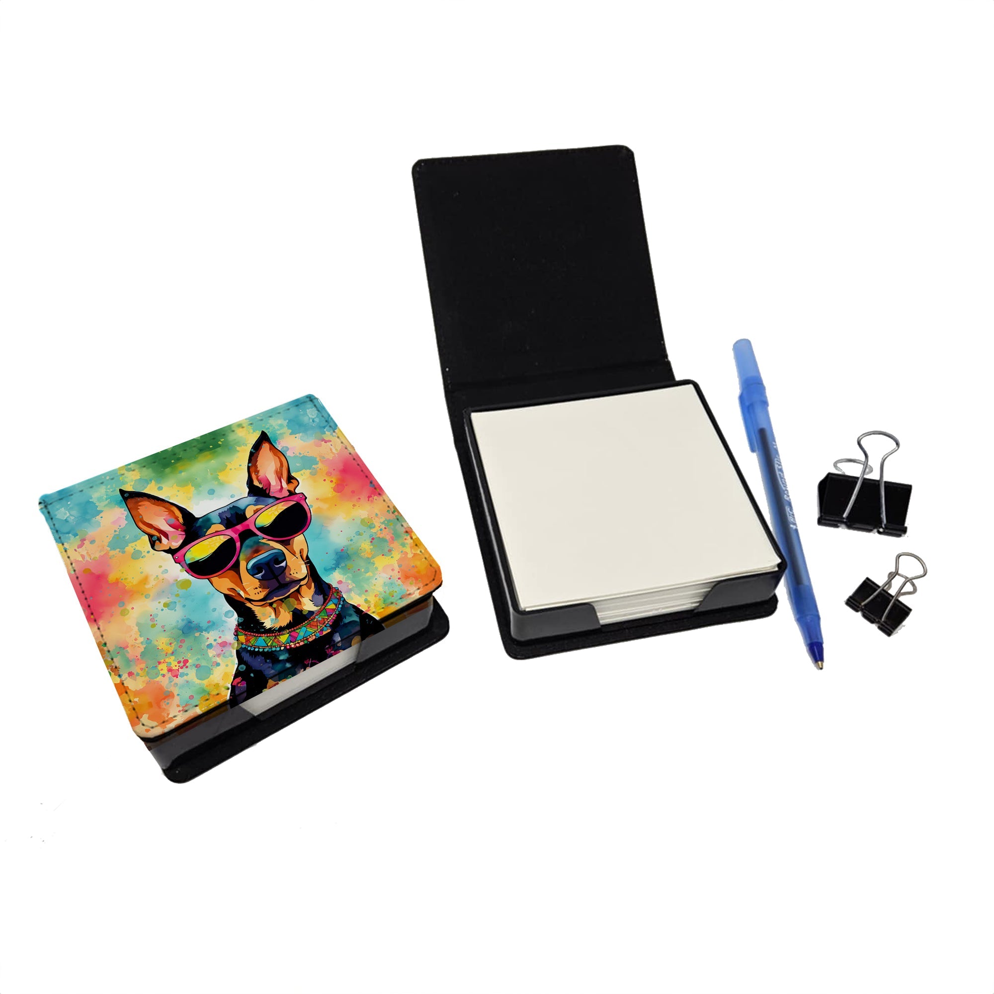 Doberman Pinscher Hippie Dawg PU Leather Note Paper Holder with Artist-Designed Cover, Desk Accessory, Office Gift