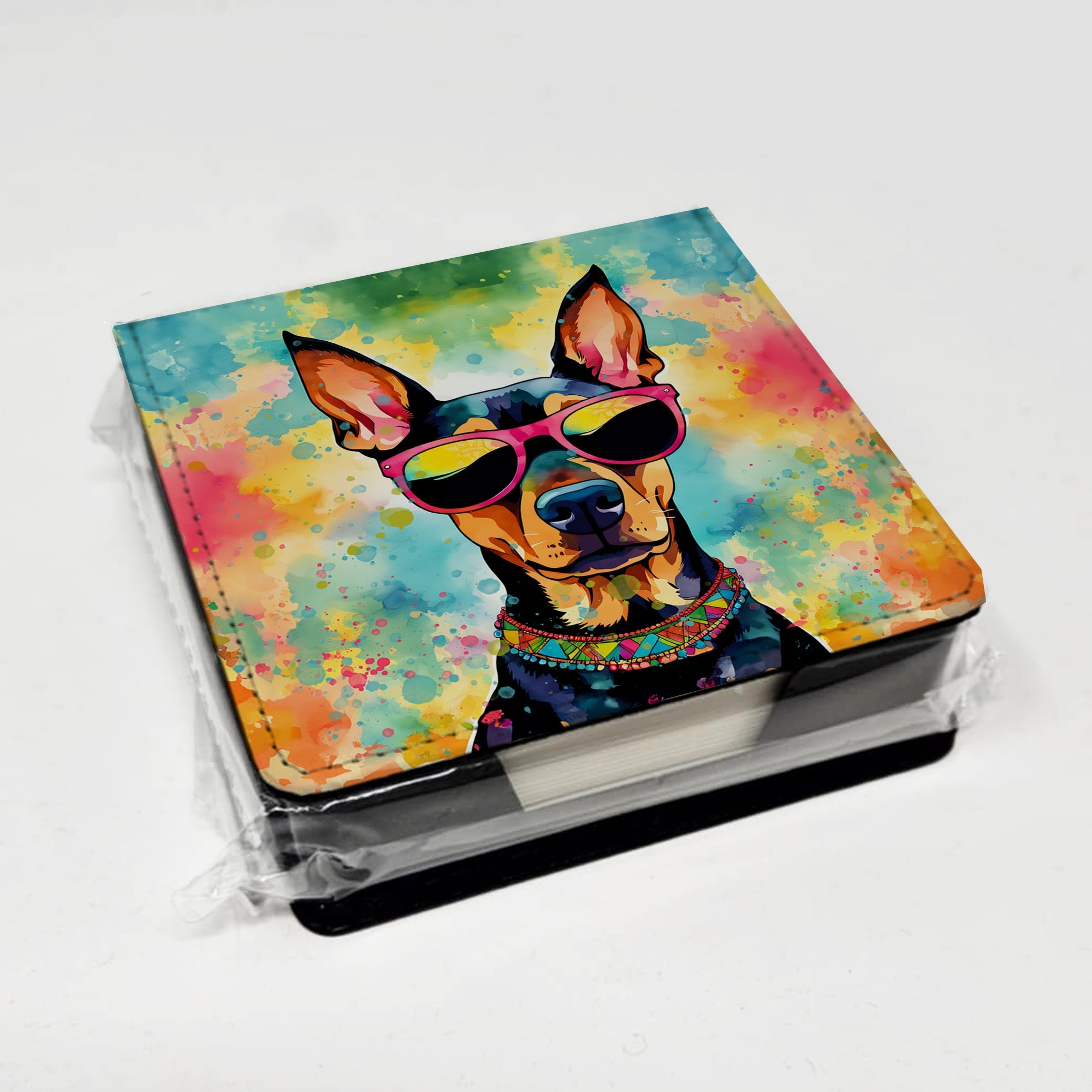 Doberman Pinscher Hippie Dawg PU Leather Note Paper Holder with Artist-Designed Cover, Desk Accessory, Office Gift