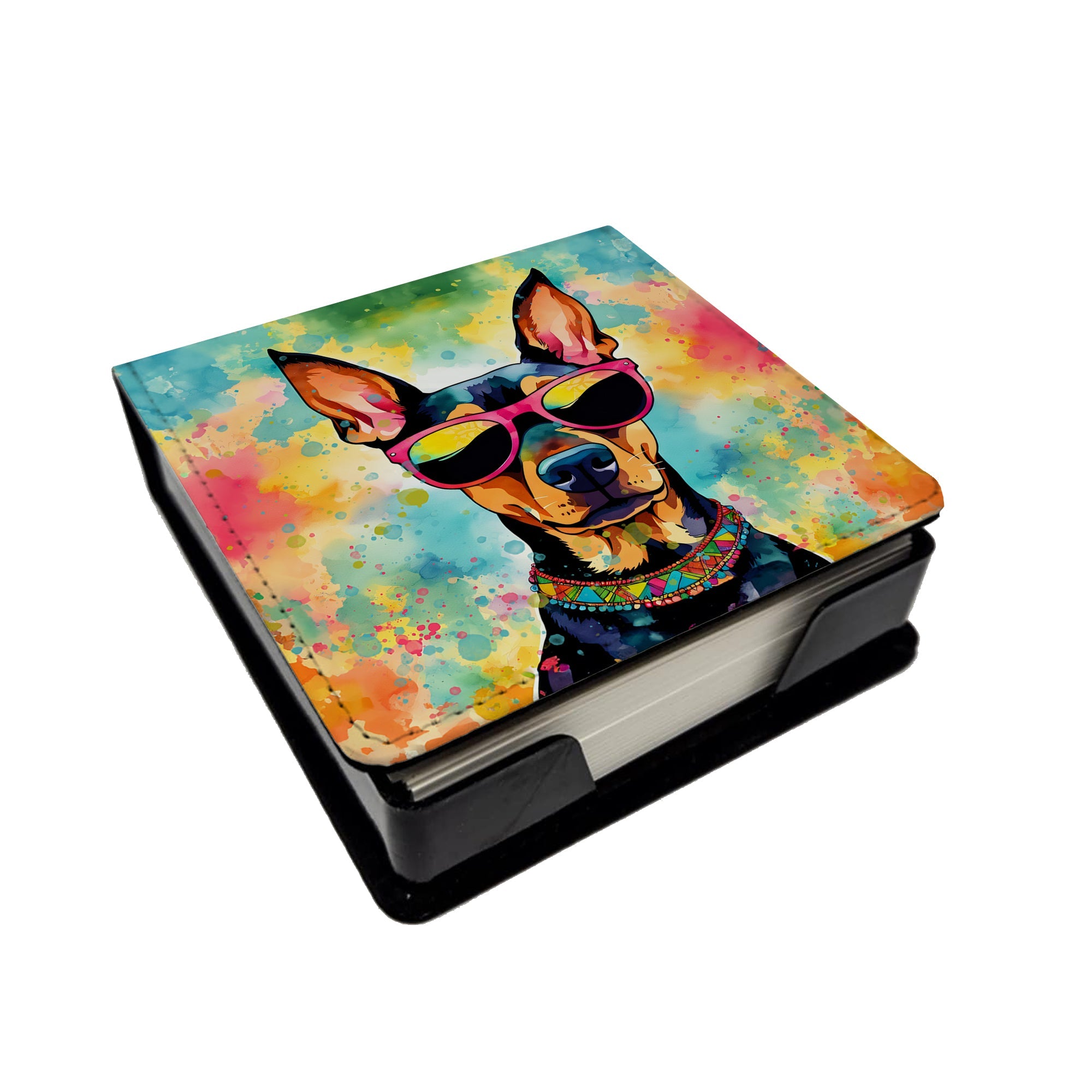 Doberman Pinscher Hippie Dawg PU Leather Note Paper Holder with Artist-Designed Cover, Desk Accessory, Office Gift