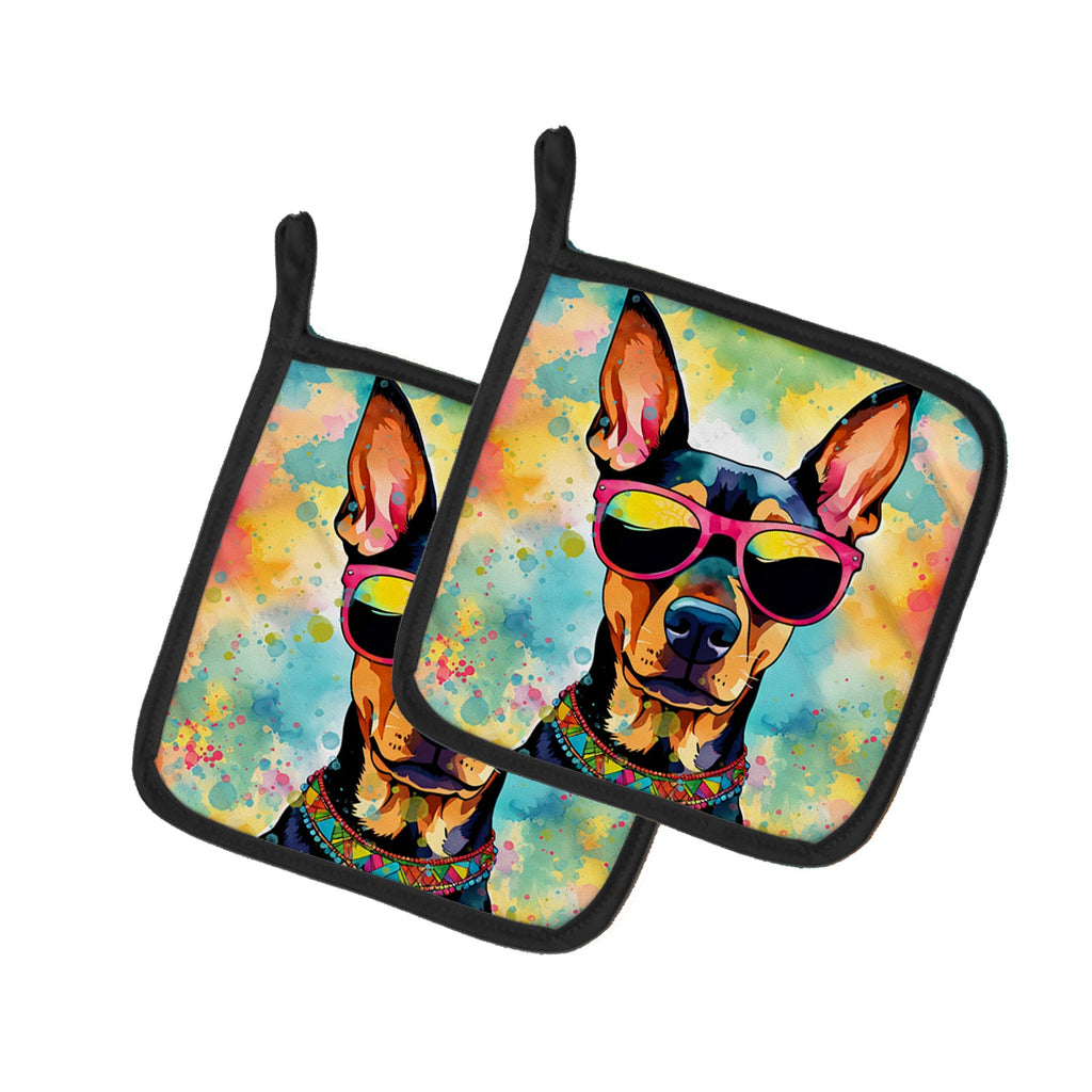 Doberman Pinscher Hippie Dawg Pot Holder Set of 2 Heat Resistant Quilted Hot Pads 7.5 x 7.5 Inch, Insulated Kitchen Trivets for Cooking & Baking