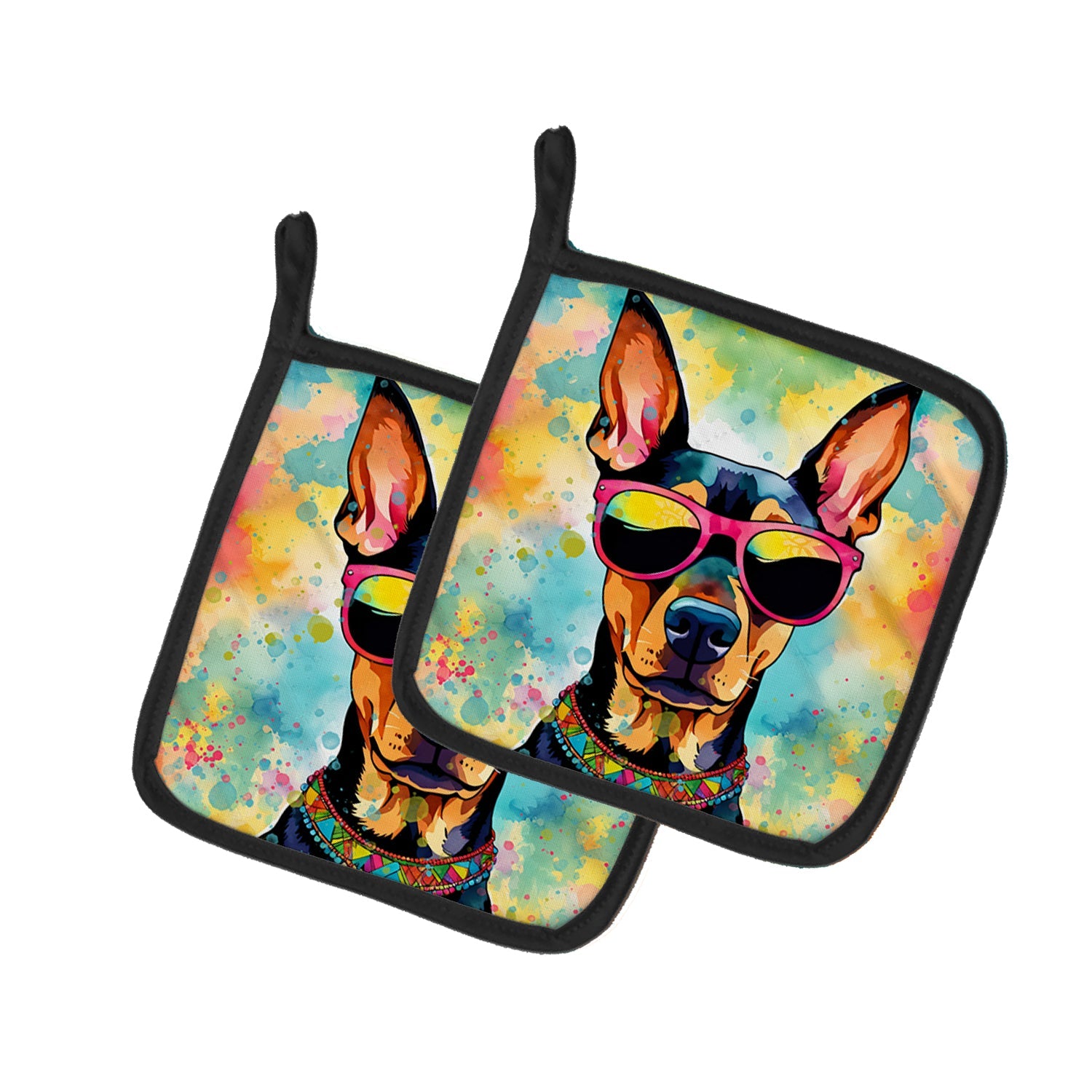 Doberman Pinscher Hippie Dawg Pot Holder Set of 2 Heat Resistant Quilted Hot Pads 7.5 x 7.5 Inch, Insulated Kitchen Trivets for Cooking & Baking