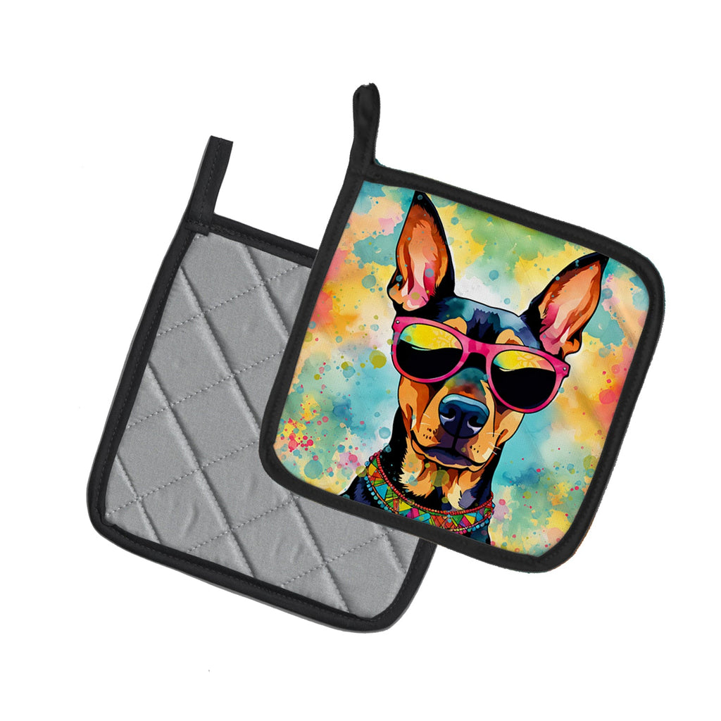 Doberman Pinscher Hippie Dawg Pot Holder Set of 2 Heat Resistant Quilted Hot Pads 7.5 x 7.5 Inch, Insulated Kitchen Trivets for Cooking & Baking
