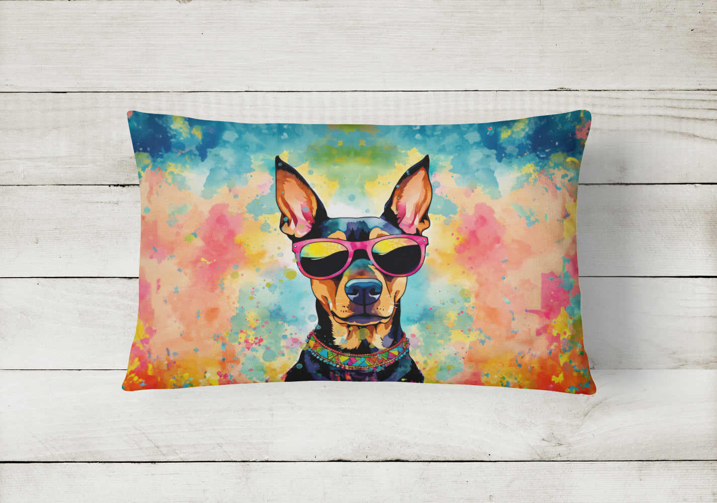 Doberman Pinscher Hippie Dawg Decorative Throw Pillow 12x16 Indoor Outdoor Accent Cushion, Fabric Cover with Insert for Sofa, Bed, Porch & Living Room