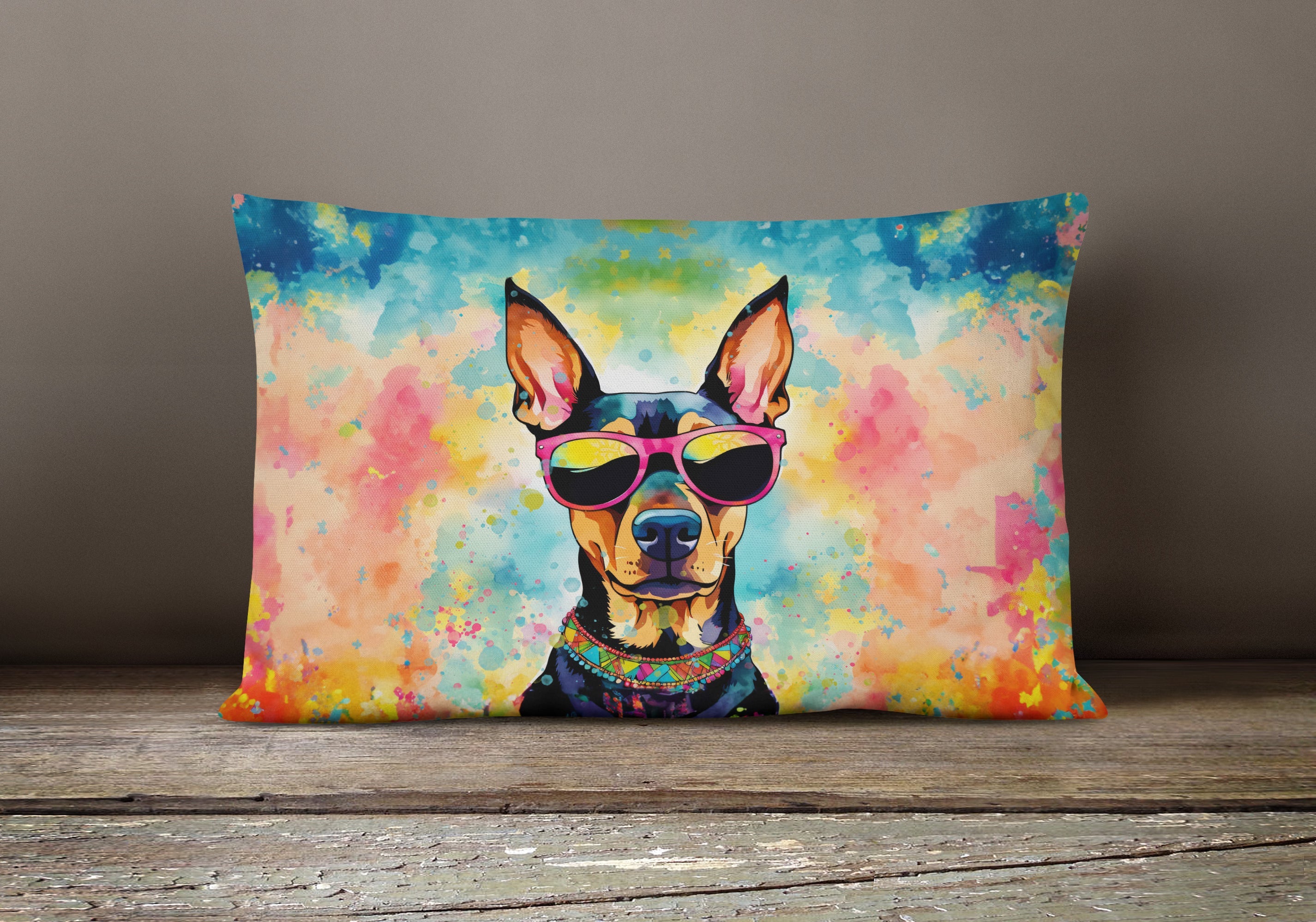 Doberman Pinscher Hippie Dawg Decorative Throw Pillow 12x16 Indoor Outdoor Accent Cushion, Fabric Cover with Insert for Sofa, Bed, Porch & Living Room