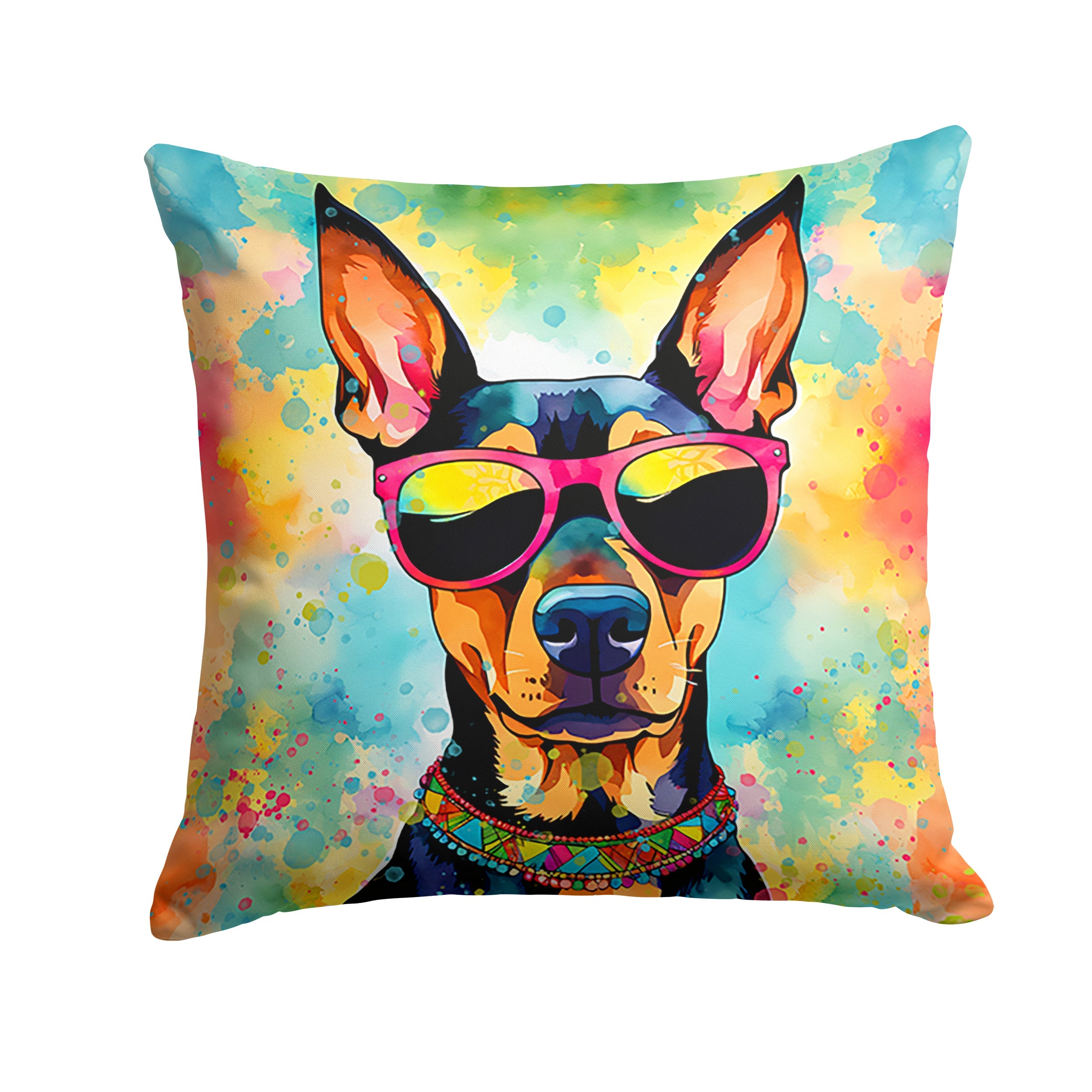 Doberman Pinscher Hippie Dawg Decorative Throw Pillow 14x14 Indoor Outdoor Accent Cushion, Fabric Cover with Insert for Sofa, Bed, Porch & Living Room