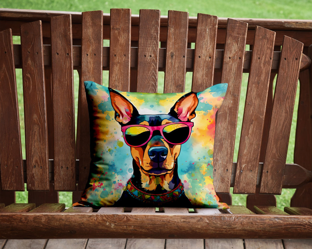 Doberman Pinscher Hippie Dawg Decorative Throw Pillow 14x14 Indoor Outdoor Accent Cushion, Fabric Cover with Insert for Sofa, Bed, Porch & Living Room