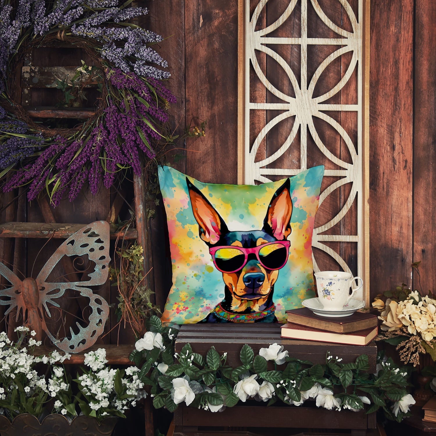 Doberman Pinscher Hippie Dawg Decorative Throw Pillow 18x18 Indoor Outdoor Accent Cushion, Fabric Cover with Insert for Sofa, Bed, Porch & Living Room
