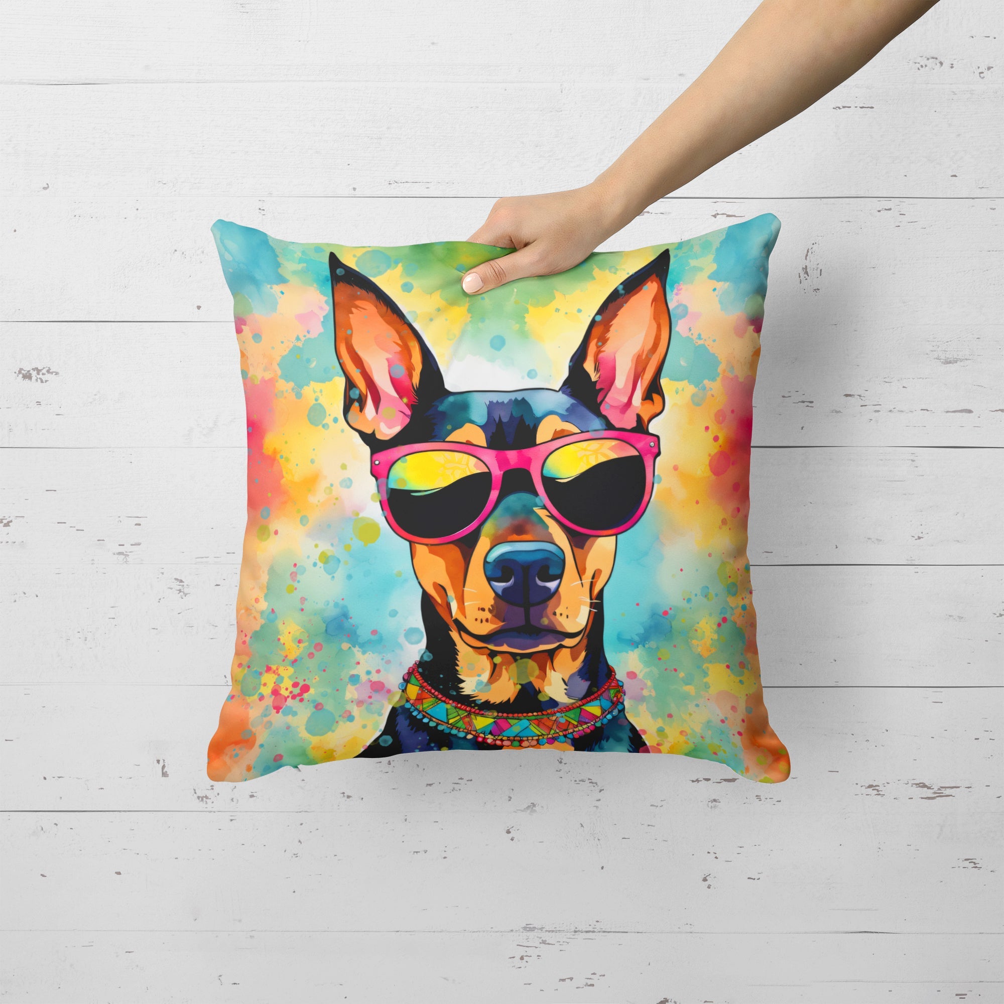 Doberman Pinscher Hippie Dawg Decorative Throw Pillow 18x18 Indoor Outdoor Accent Cushion, Fabric Cover with Insert for Sofa, Bed, Porch & Living Room