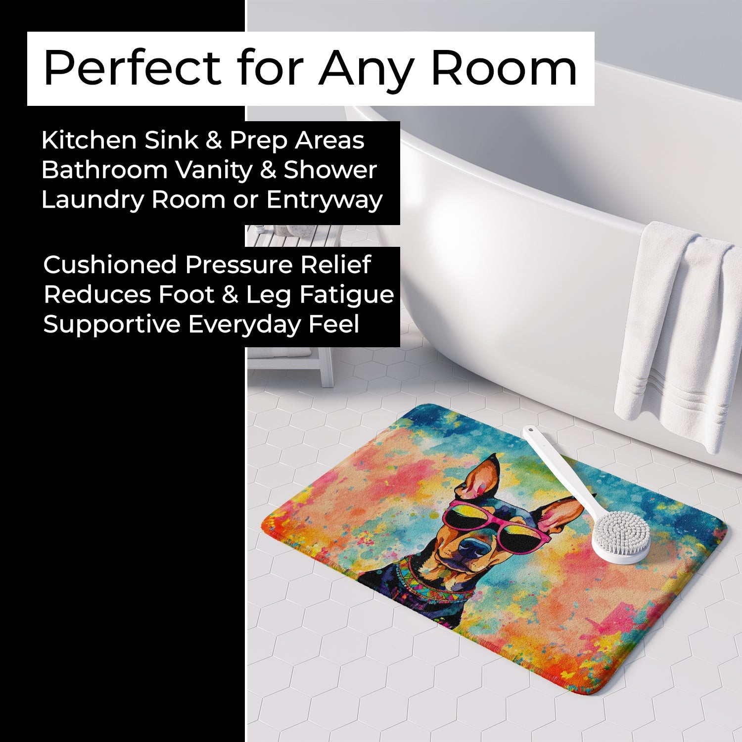 Doberman Pinscher Hippie Dawg Memory Foam Kitchen Mat Machine Washable Anti-Fatigue Cushion Comfort Bath or Kitchen Rug
