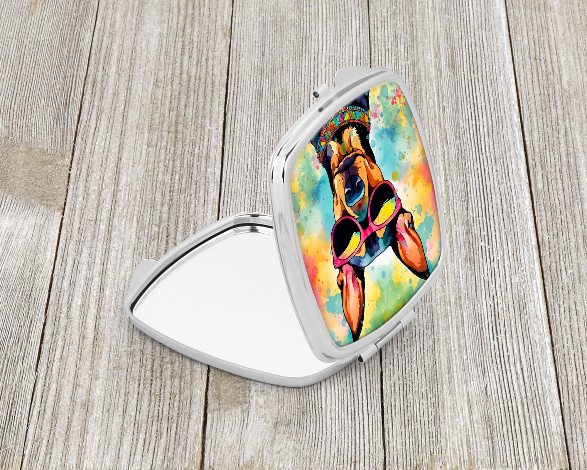 Doberman Pinscher Hippie Dawg Compact Mirror Decorative Travel Makeup Mirror for Women Girls Gifts Pocket Makeup Mirror Folding Handheld