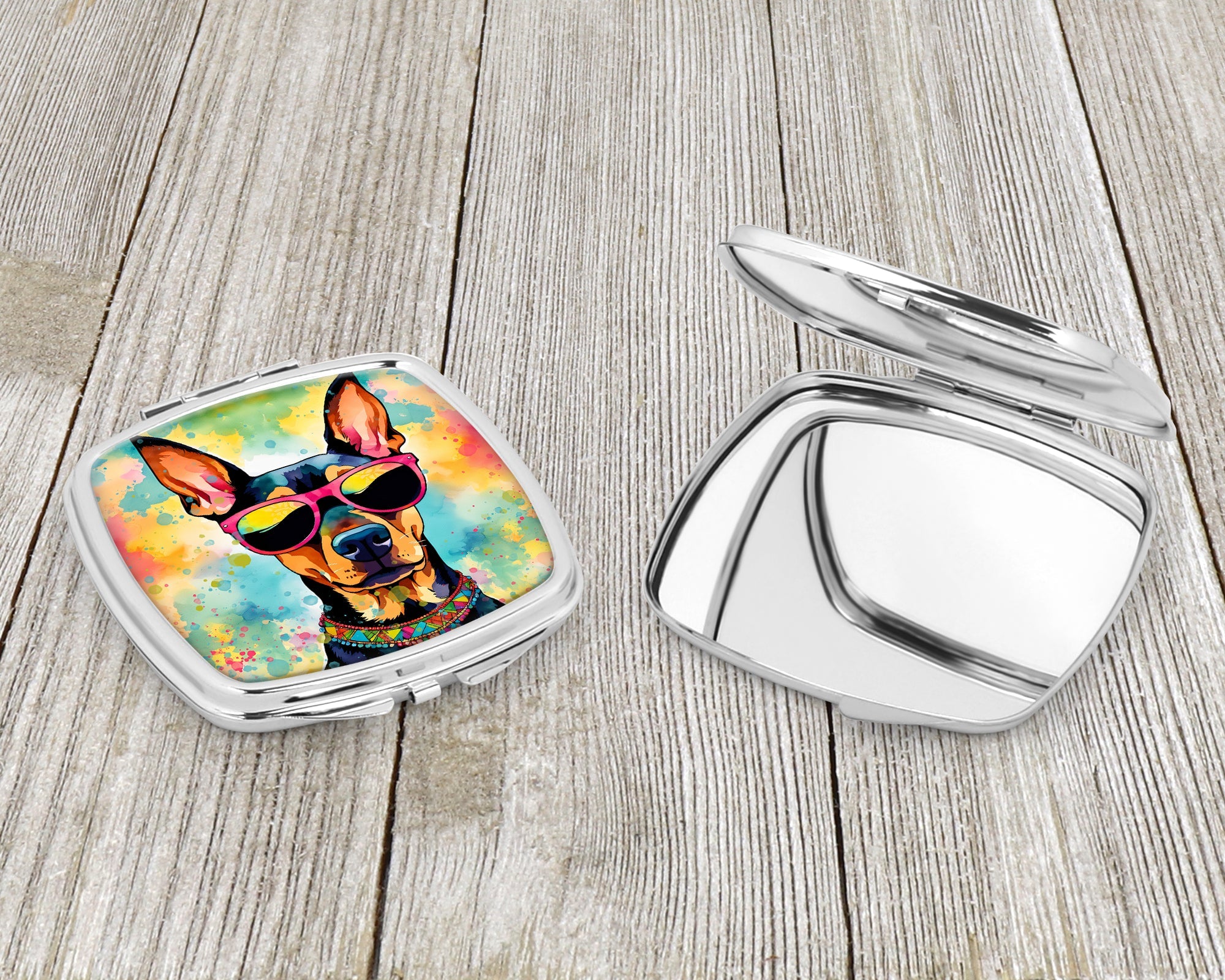 Doberman Pinscher Hippie Dawg Compact Mirror Decorative Travel Makeup Mirror for Women Girls Gifts Pocket Makeup Mirror Folding Handheld