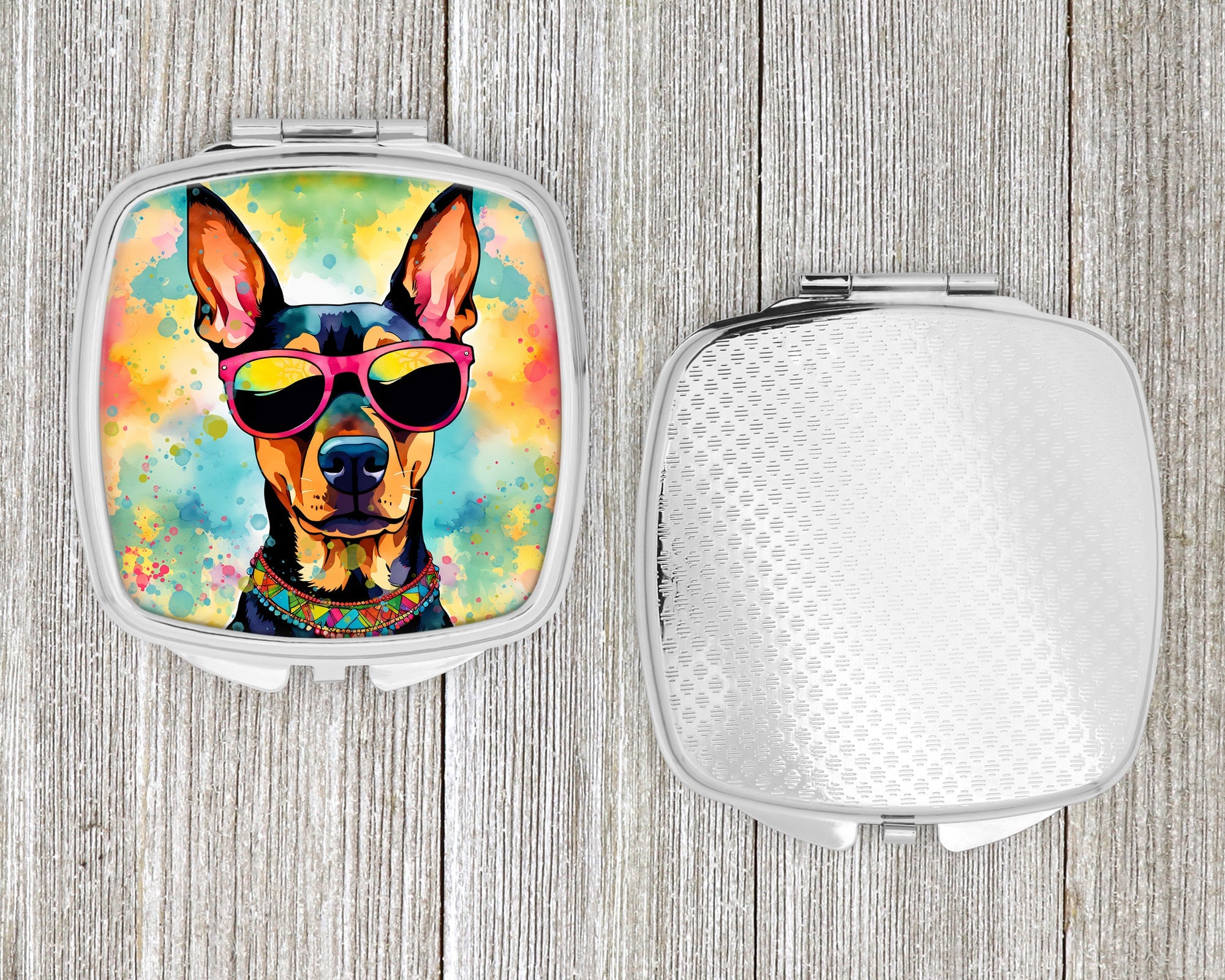 Doberman Pinscher Hippie Dawg Compact Mirror Decorative Travel Makeup Mirror for Women Girls Gifts Pocket Makeup Mirror Folding Handheld