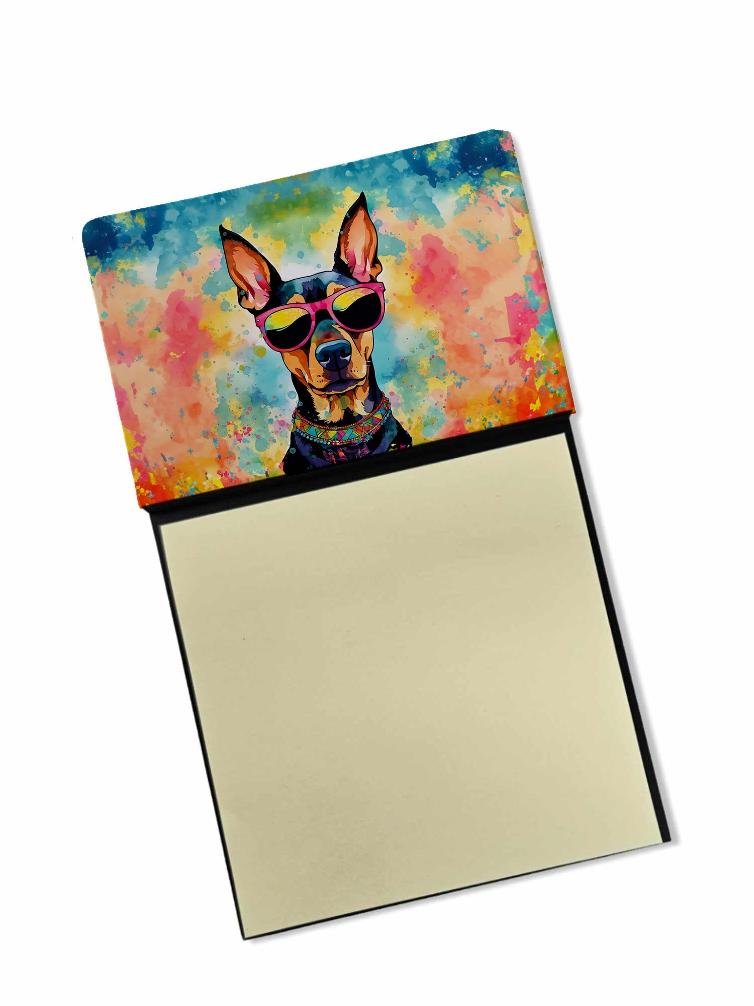 Doberman Pinscher Hippie Dawg Watercolor Sticky Note Holder Refillable Dispenser Desk Accessory 3x3 Pad Gift